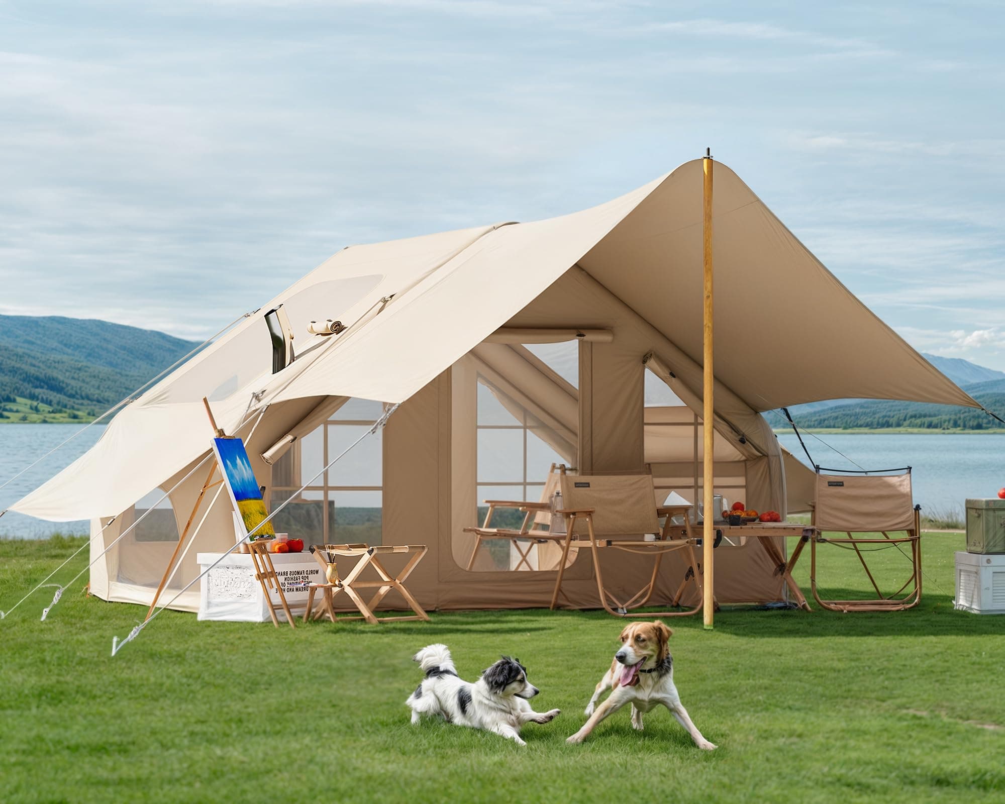 Inflatable Camping Tent with Pump & 1/2 Awnings, 8-14 Person Air Tents for Camping Adult, Large Waterproof Oxford Family Glamping Tent, Quick Setup Big Tent for Outdoor Camping