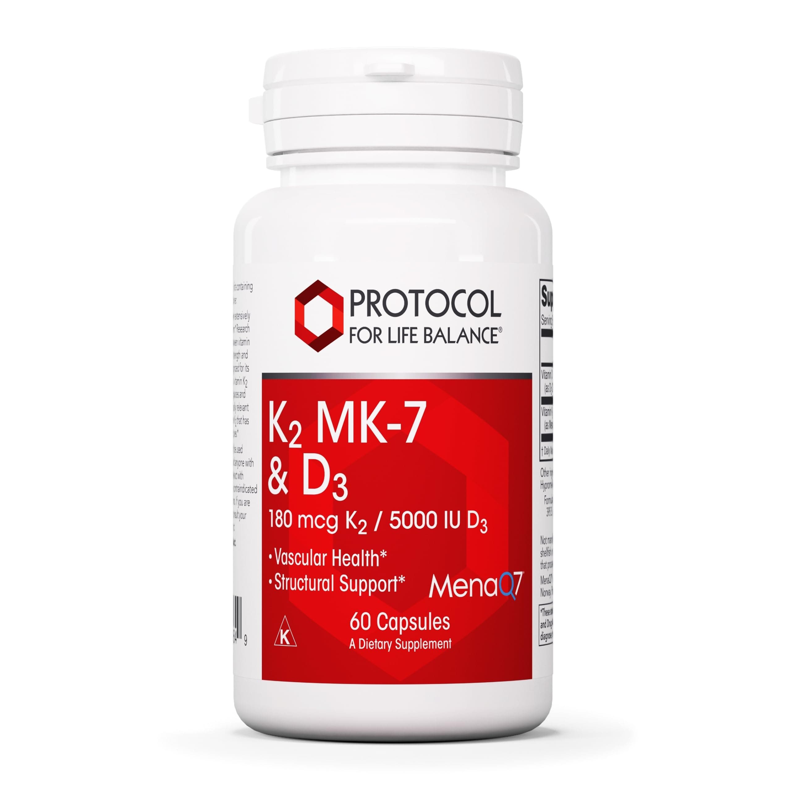 PROTOCOL FOR LIFE BALANCE K2 MK-7 & D3 - Skeletal, Bone, Calcium Absorption & Heart Health Supplement* - Teeth, Vascular & Immune System Health* - Non-GMO, Kosher, Halal, Soy-Free - 60 Veg Capsules