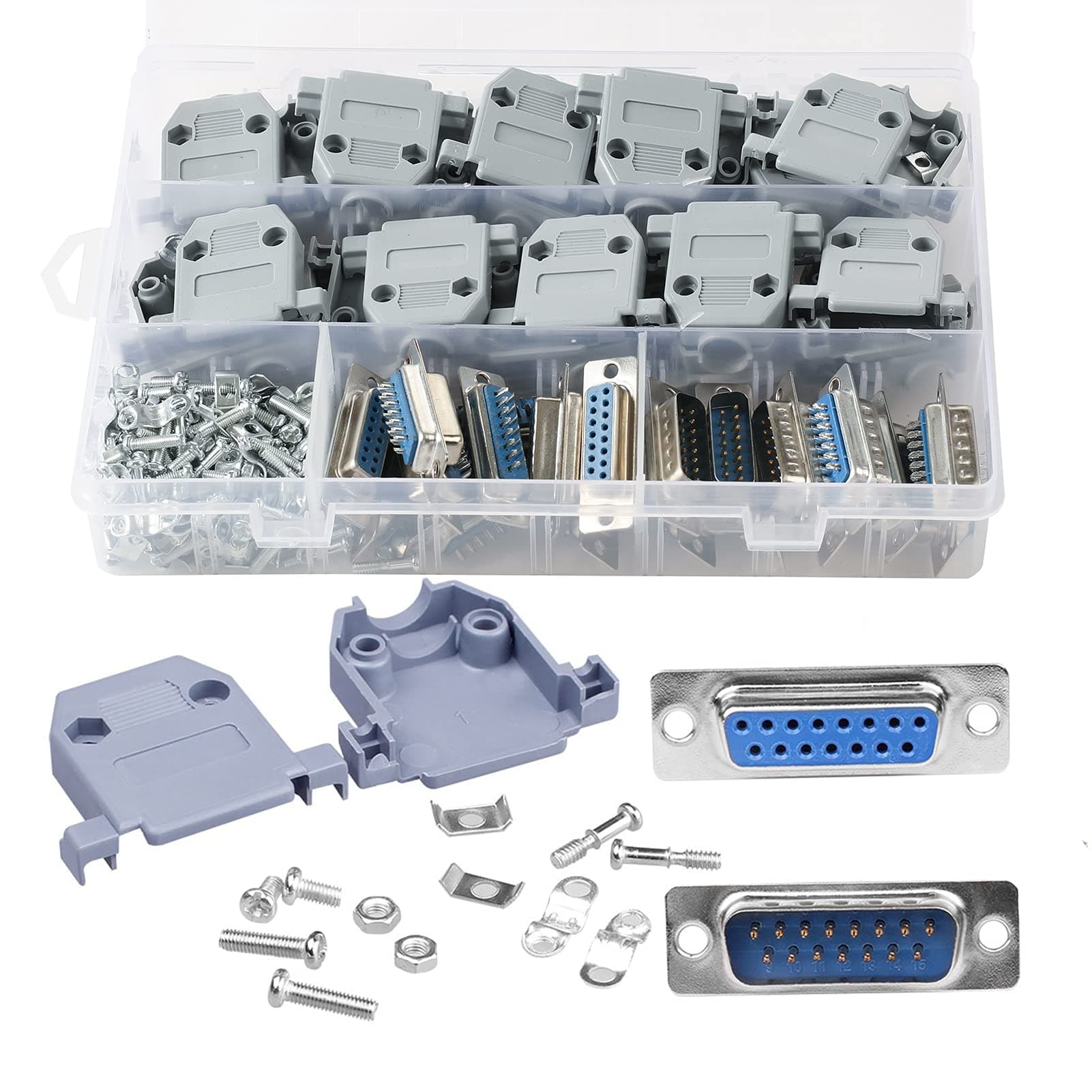 DB15 Solder Connector, 15PIN RS232 Terminal Adapter Breakout Board with Case Assortment Kit(10PCS Male + 10PCS Female)