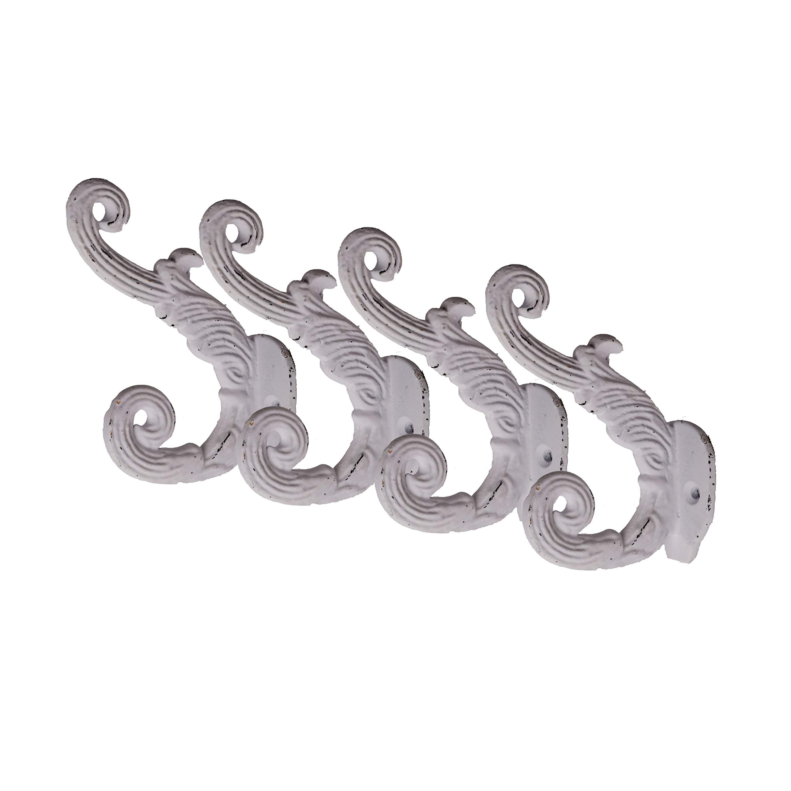 Vintage Cast Iron Wall Hooks (Antique White Finish, Set of 4) - Rustic, Farmhouse, Shabby Chic, French Country Coat Hooks | Great for Coats, Bags, Towels, Hats | Rouleau Floral