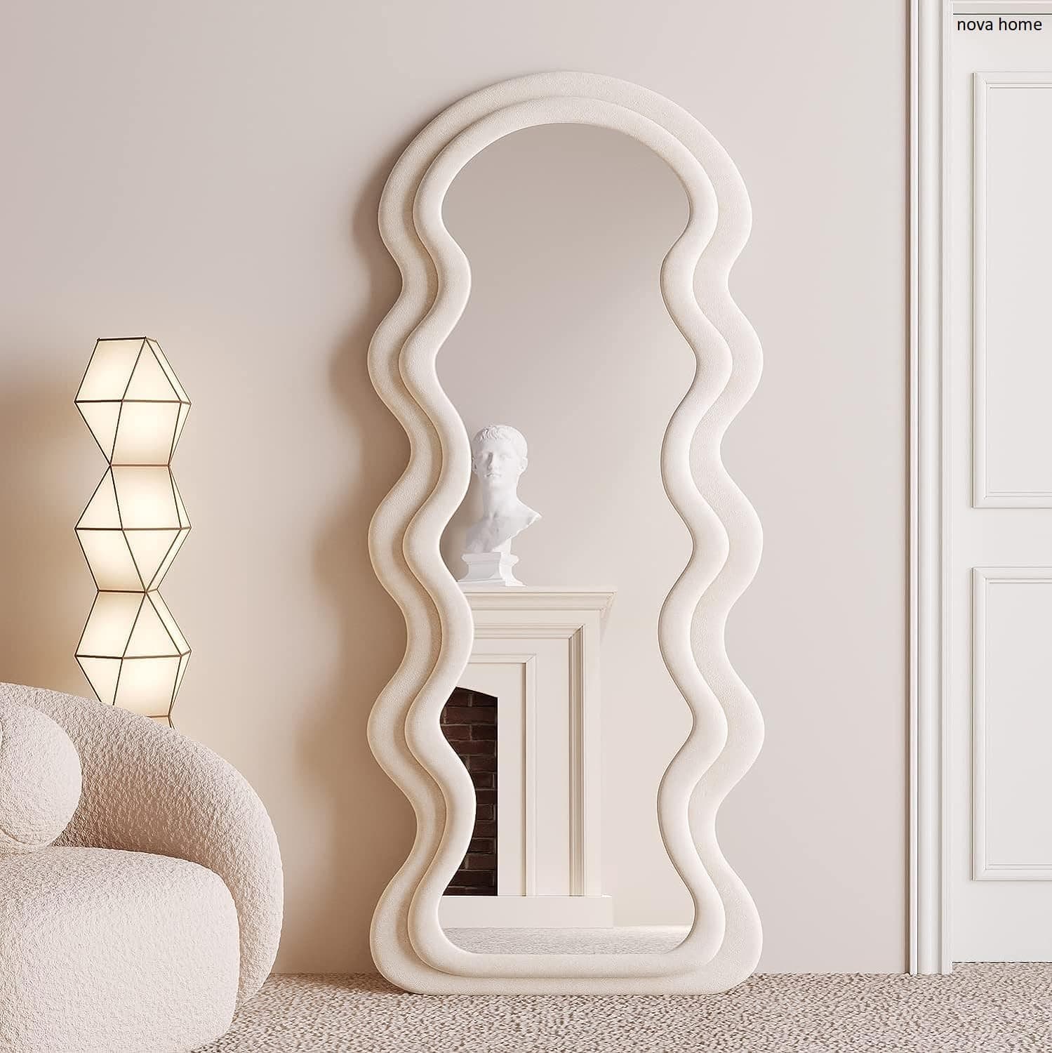 Full Length Mirror 60 * 160cm, Irregular Wavy Mirror, Wave Arched Floor Wall Standing Hanging or Leaning Against for Bedroom, Flannel Wrapped Wooden Frame Mirror-White