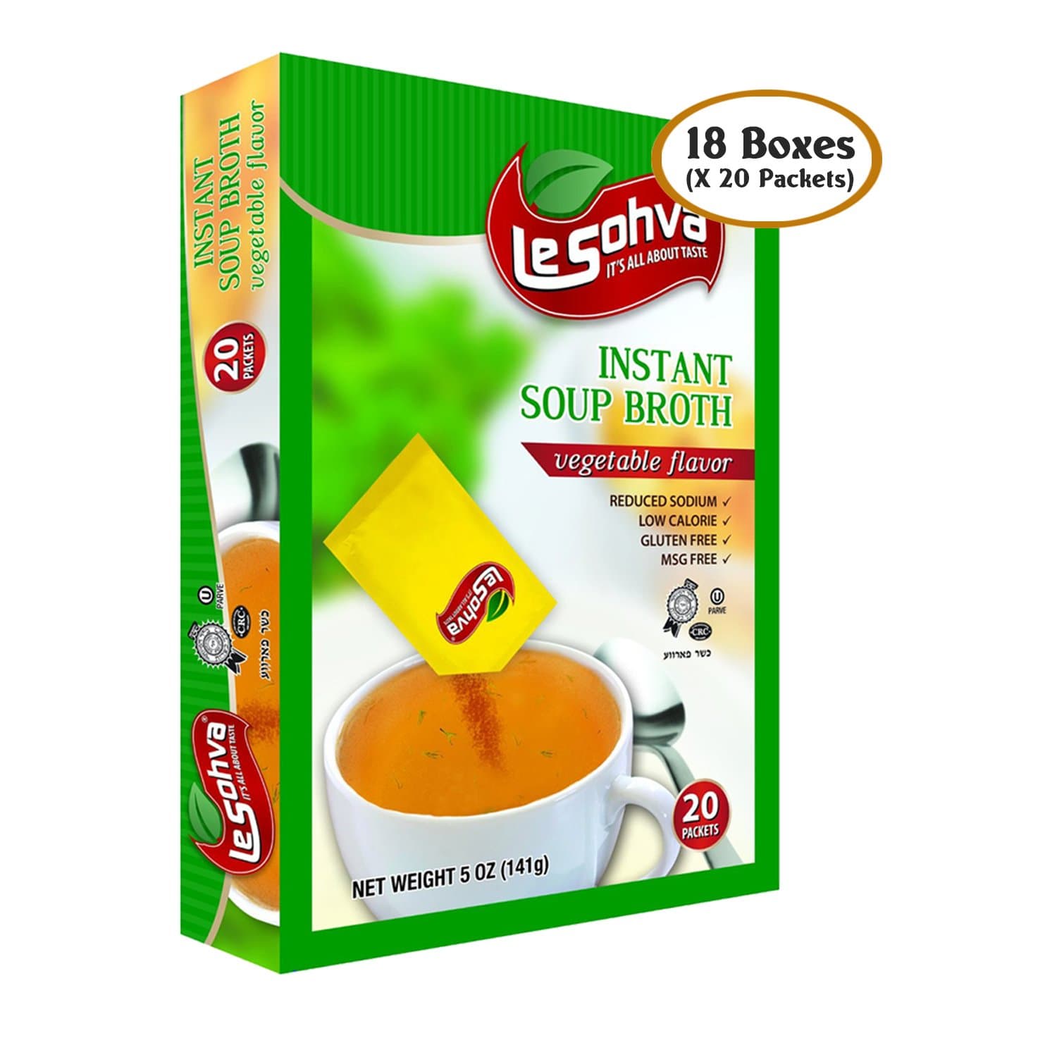 LeSohva 18 Boxes Instant Soup Broth Vegetable Flavor, MSG & Gluten Free, 20 Packets / Servings (18/pk Vegetable)