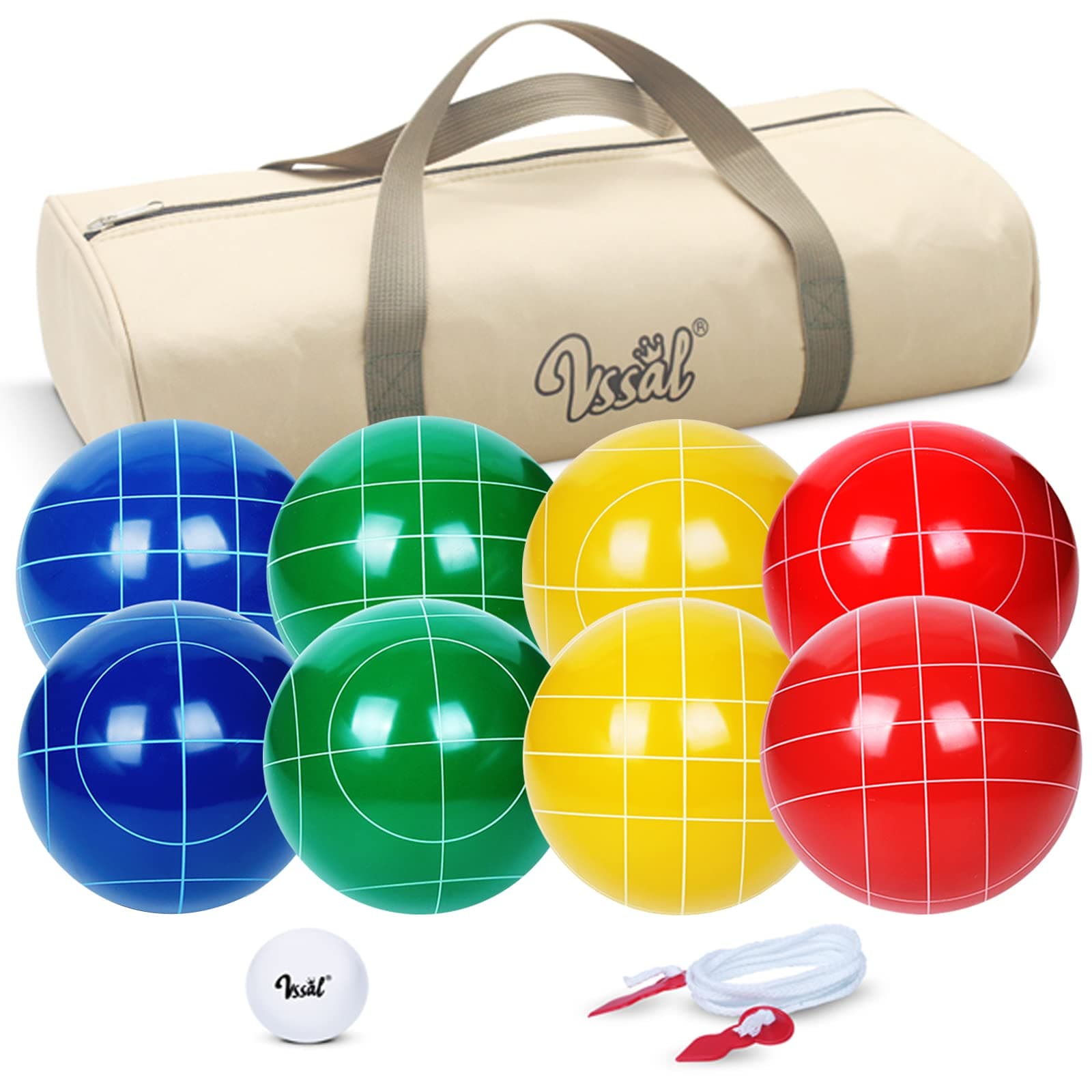 VSSAL Bocce Ball Set 90/100/107mm for Backyard Lawn Beach Outdoor Family Bocci Yard Game for Kids, Set of 8 Polyresin Bochie Balls, 1 Pallino, Carrying Bag, Measuring Rope (Multi Colors, 2-8 Players)