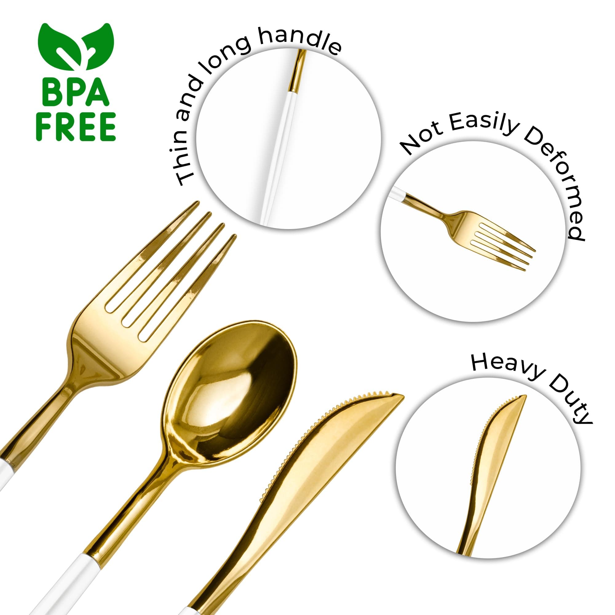 Trendables 120 Pack Disposable Silverware Set - 40 Sets of Plastic Cutlery - White & Gold Modern Disposable Forks, Knives, Soup Spoons - Perfect for Parties