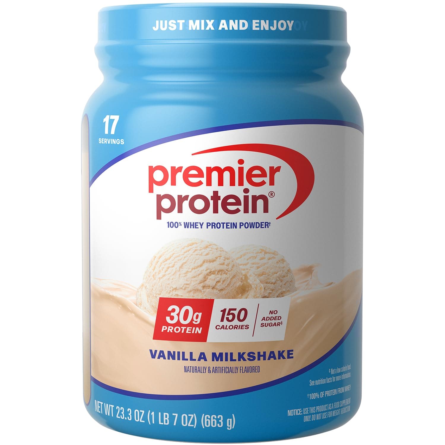 Premier Protein Whey Protein Powder, Blue and White, Vanilla, 23.3 Ounce