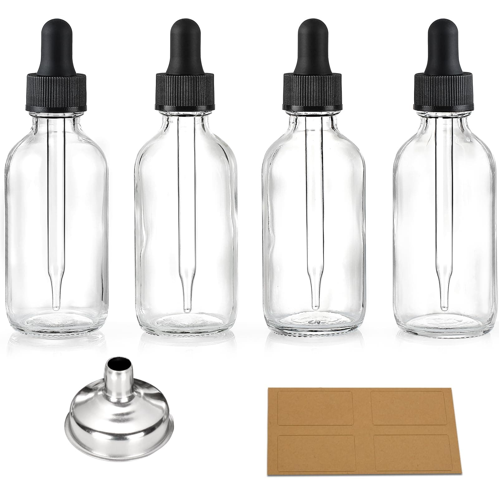 4 Pcs, 2 oz Clear Eye Dropper Bottles with 1 Stainless Steel Funnels & 4 Labels - Black Caps 60ml Thick Glass Tincture Bottles - Leakproof Essential Oils Bottles for Health, Personal Care & Beauty