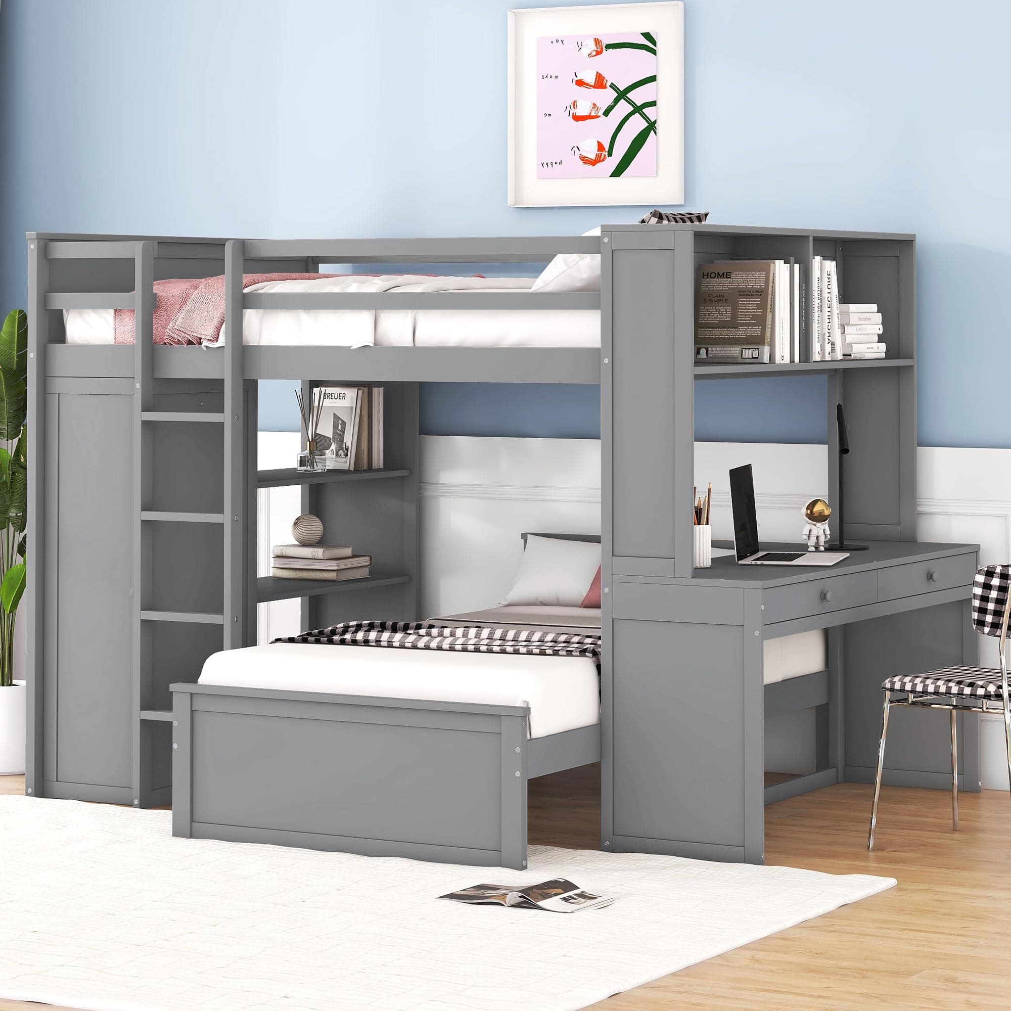 Harper & Bright Designs Full Over Twin Bunk Bed with Desk, Storage, Solid Wood Bunk Bed with Shelves and Wardrobe, Twin Size Loft Bed with a Stand-Alone Bed for Kids Teens Adults - Gray