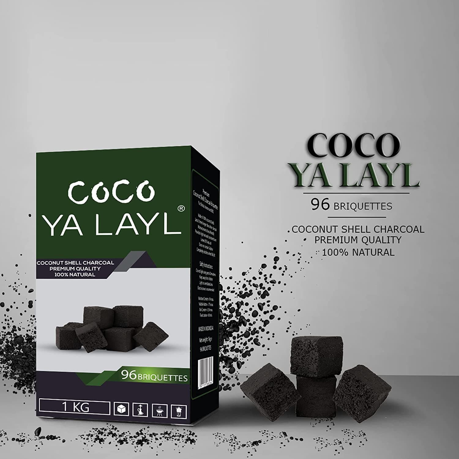 Ya Layl Coco Coconut Shell Charcoal 96 pcs - 100% Natural Coal Cubes for Shisha, Hookah, Bakhoor, Incense, BBQ - Long-Lasting, Low Smoke, Odorless Briquettes - No Taste, Chemicals or Additives