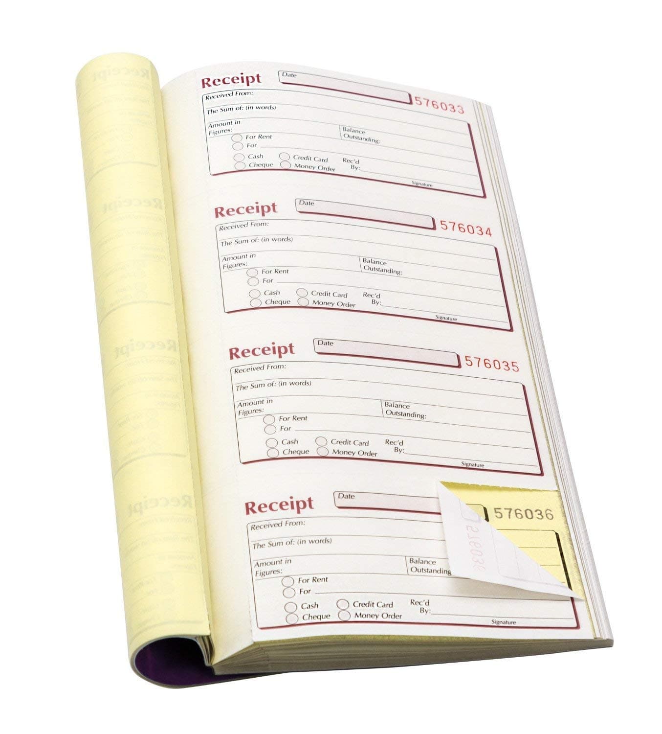 2 X Duplicate Receipt Book 140 x 276mm. 4 Receipts per Page. 200 Duplicate Sets. Micro-Perforated. Serially Numbered. Side Taped Book