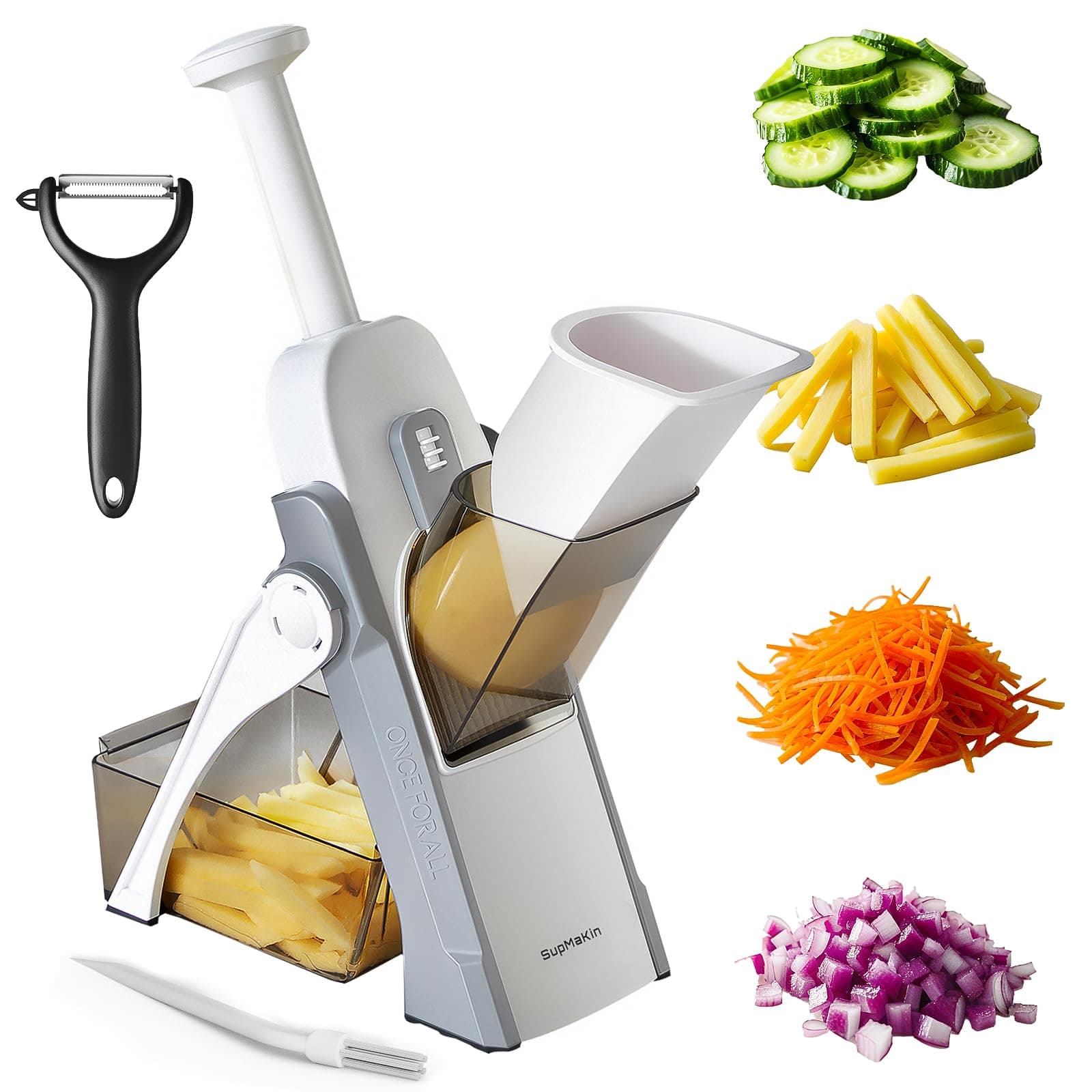 Safe Mandoline Slicer, Upright Vegetable Potatoes Slicer Chopper, Julienne + Dicer, Thickness Adjuster for Kitchen Fast Meal Prep -Brown