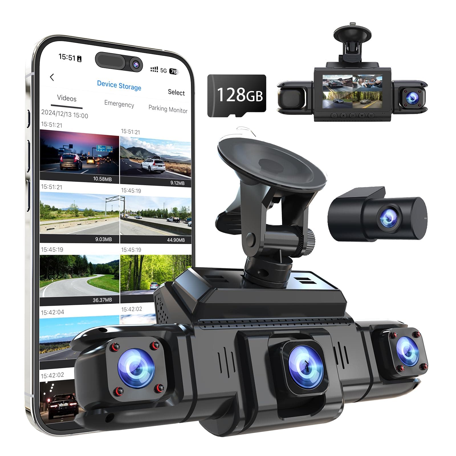 360 View 4 Channel Dash Cam Front and Rear Left Right Inside Camera for Cars, GPS and 5G Band WiFi, Night Vision, 160 Wide Angle, WDR, 24H Parking Mode, Supercapacitor, Included 128GB Card