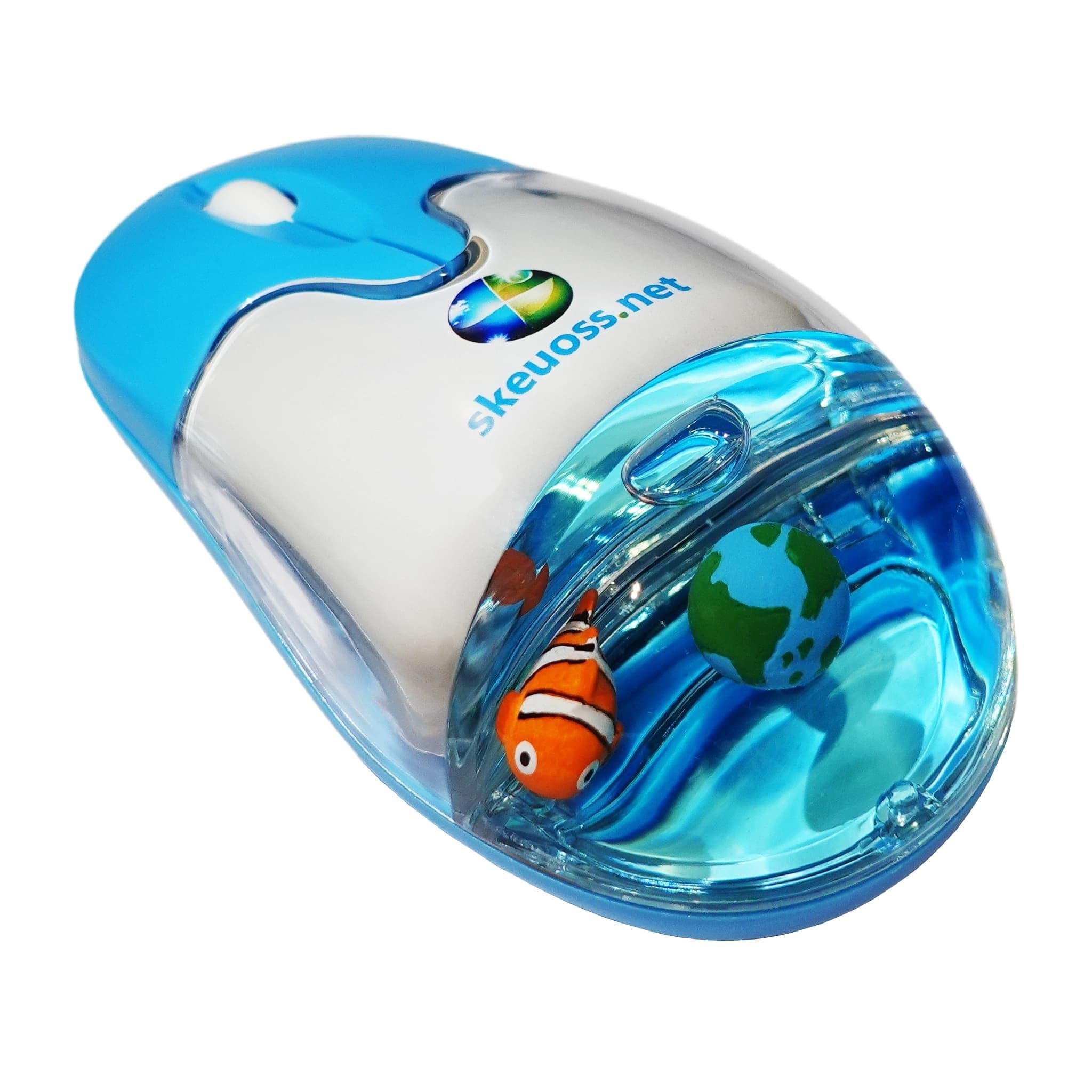 Frutiger Aero Aqua Mouse - Clear Blue USB-C Rechargeable Wireless & Bluetooth Optical Retro Computer Mouse with Liquid Water Section and Floaters (Globe, Clownfish)