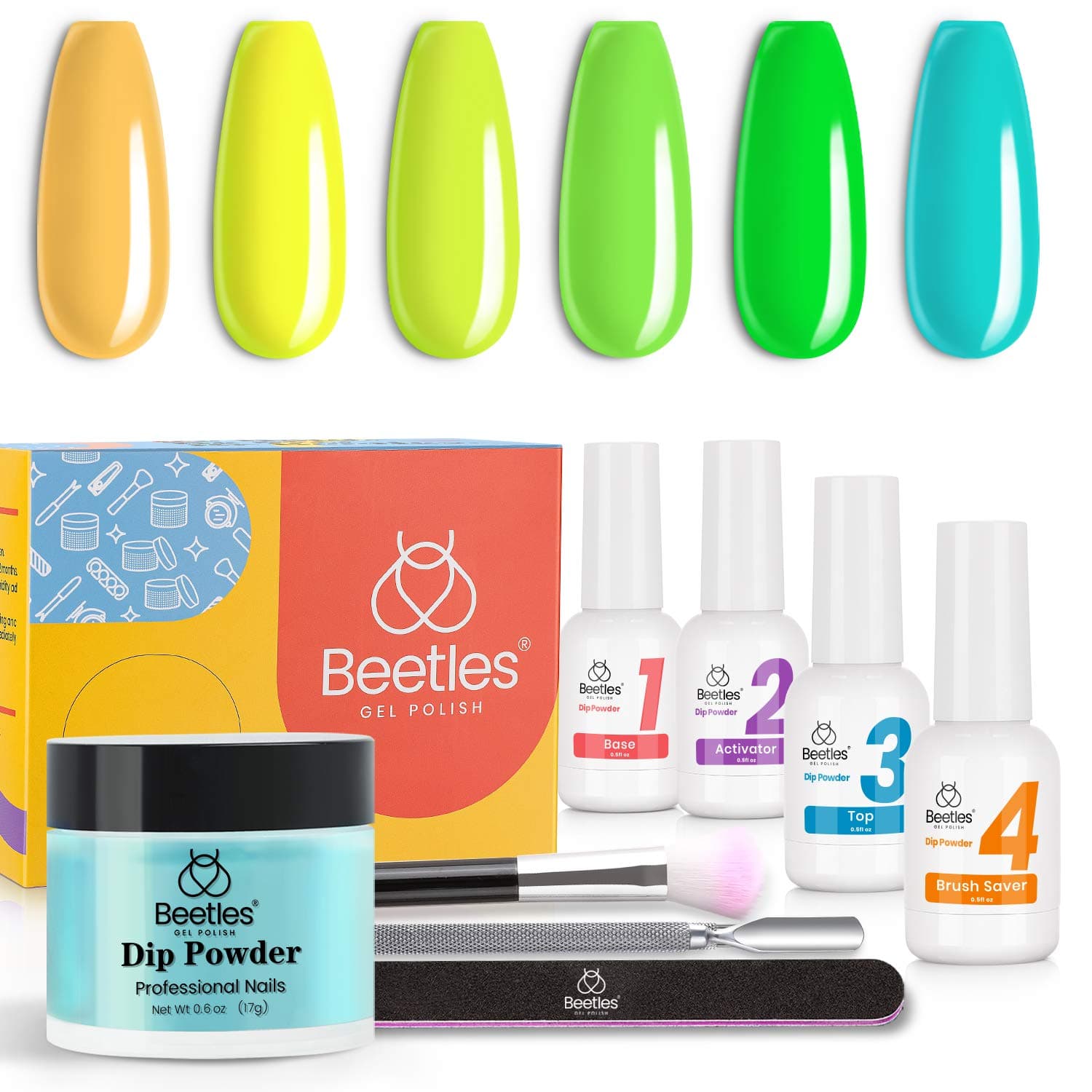 Beetles Dip Powder Nail Kit Starter, 6 Colors Mint Mojito Set Yellow Lime Green Ombre Neon Dipping Powder Set for DIY Salon Nail Art Manicure with Base Top Coat Activator Brush Saver Gifts for Women