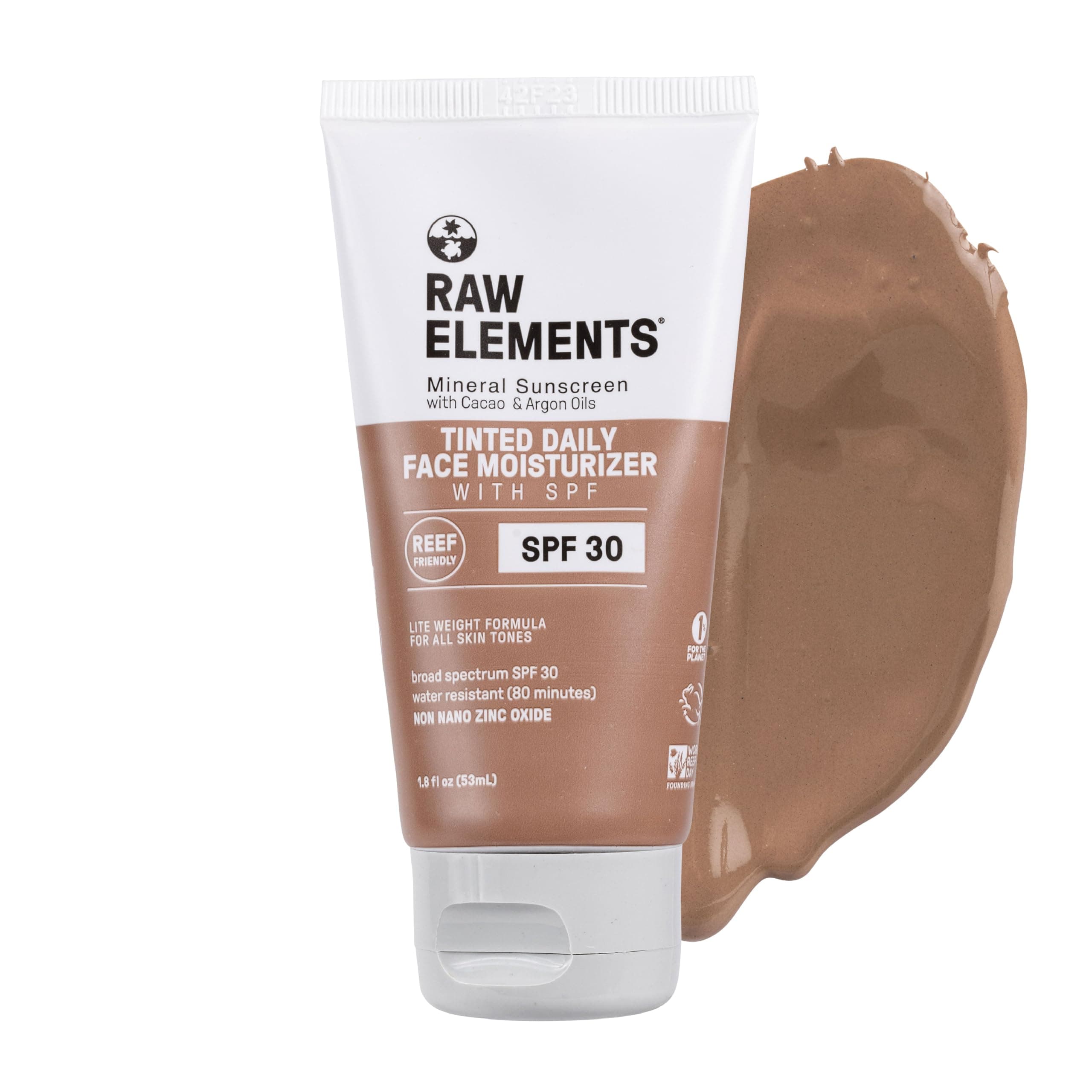 Raw Elements Tinted Daily Face Moisturizer All-Natural Mineral Sunscreen | Non-Nano Zinc Oxide, 95% Organic, Reef Safe, SPF 30, in Bio-Resin Tube, 1.8oz