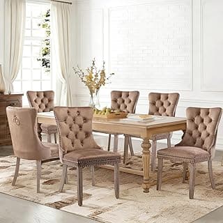 SoarFlash Velvet Dining Chairs Set of 6, Tall Back Side Chair, Modern Upholstered High-end Tufted Side Chair with Button Back Ring, Solid Wood Legs (Khaki)