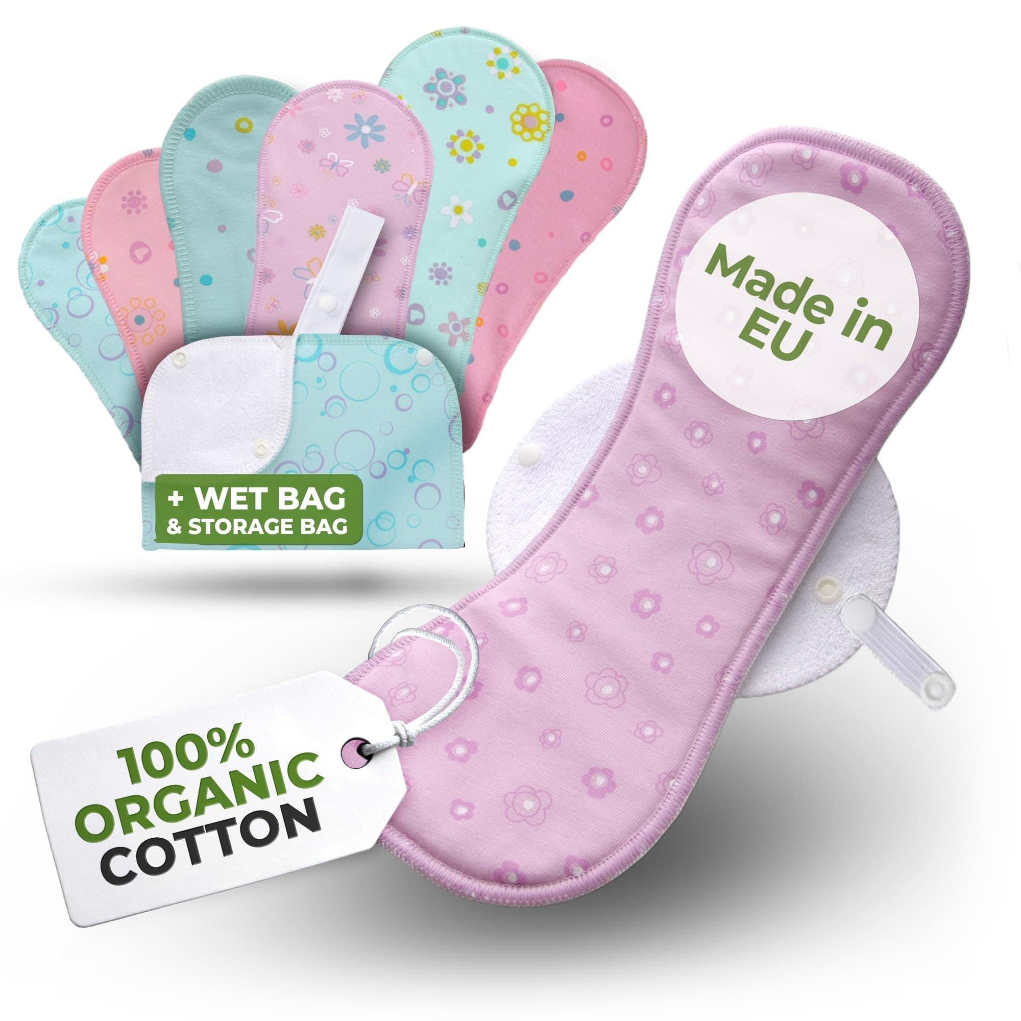 Made in EU – Reusable Sanitary Pads for Light Flow (6 Pack, S+M) – High-Temp Washable, Durable Cloth Period Pads for Women & Teens – Breathable Organic Cotton & Secure-Fit for Menstrual Comfort