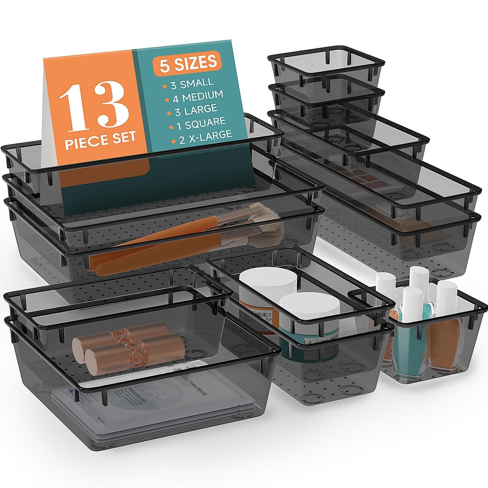 StorMiracle 13 PCS Drawer Organizer Set, 5 Varied Size Bathroom and kitchen Drawer cabinet organizer Trays, Clear Storage Bins for Makeup, Jewelry, Utensils and Gadgets, Black