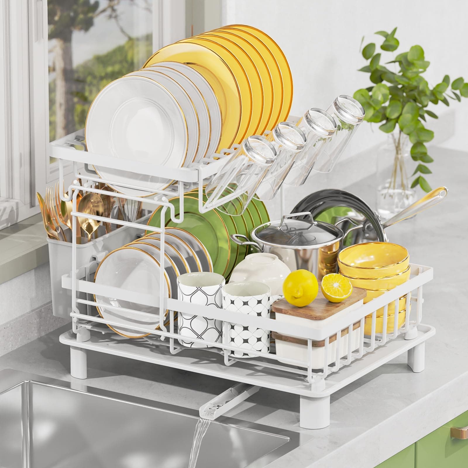 2 Tier Dish Drainer Rack with Drip Tray, Detachable Large Dish drying Rack with Swivel Drainage Spout, Utensil & Cup Holder,Dish Rack for Kitchen Counter