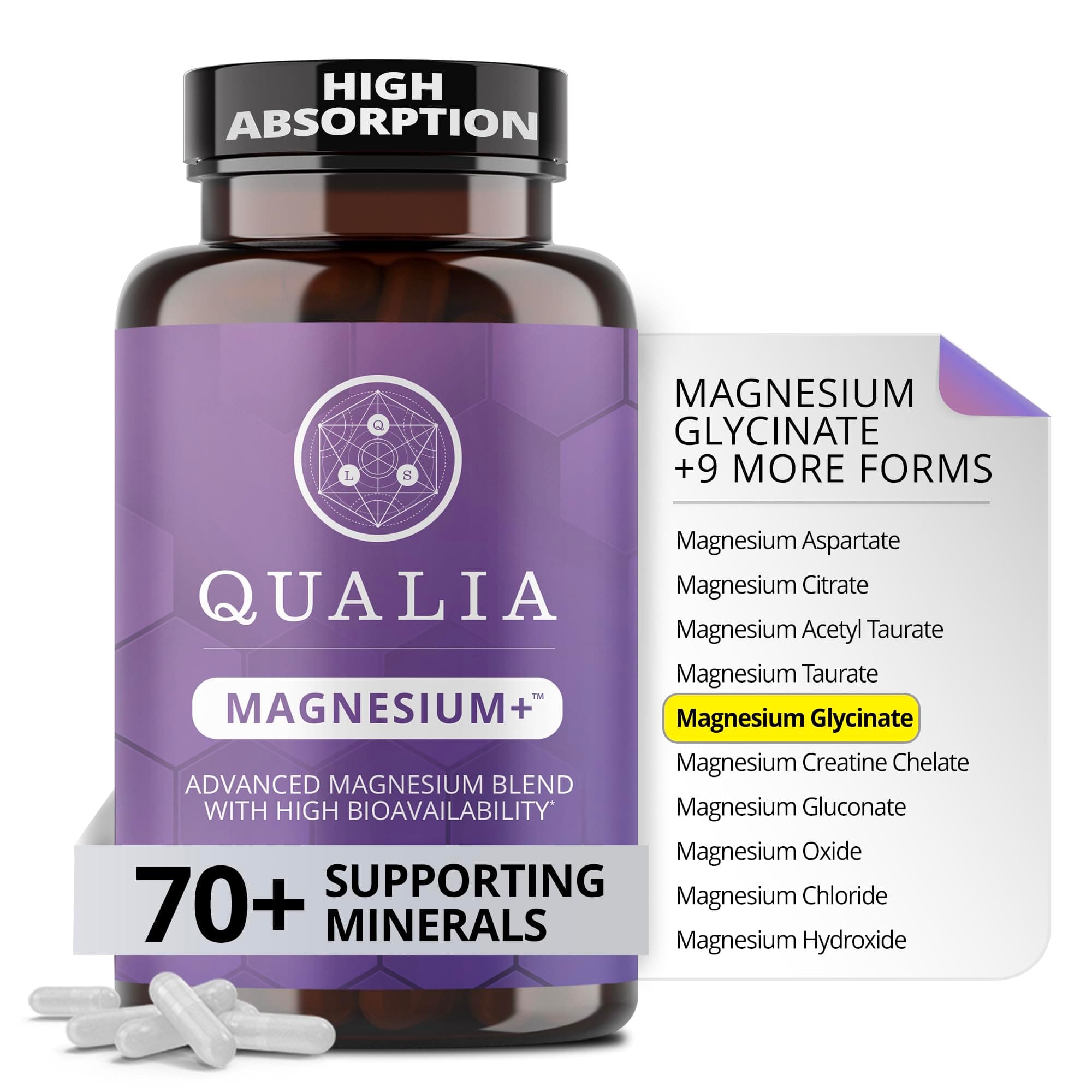 Qualia Magnesium Supplement | 10 Bioavailable Forms, Including Magnesium Glycinate, with 70+ Supporting Minerals, +7 Amino Acids | Doctor-Formulated to Support Sleep, Stress Relief, Heart, Relaxation