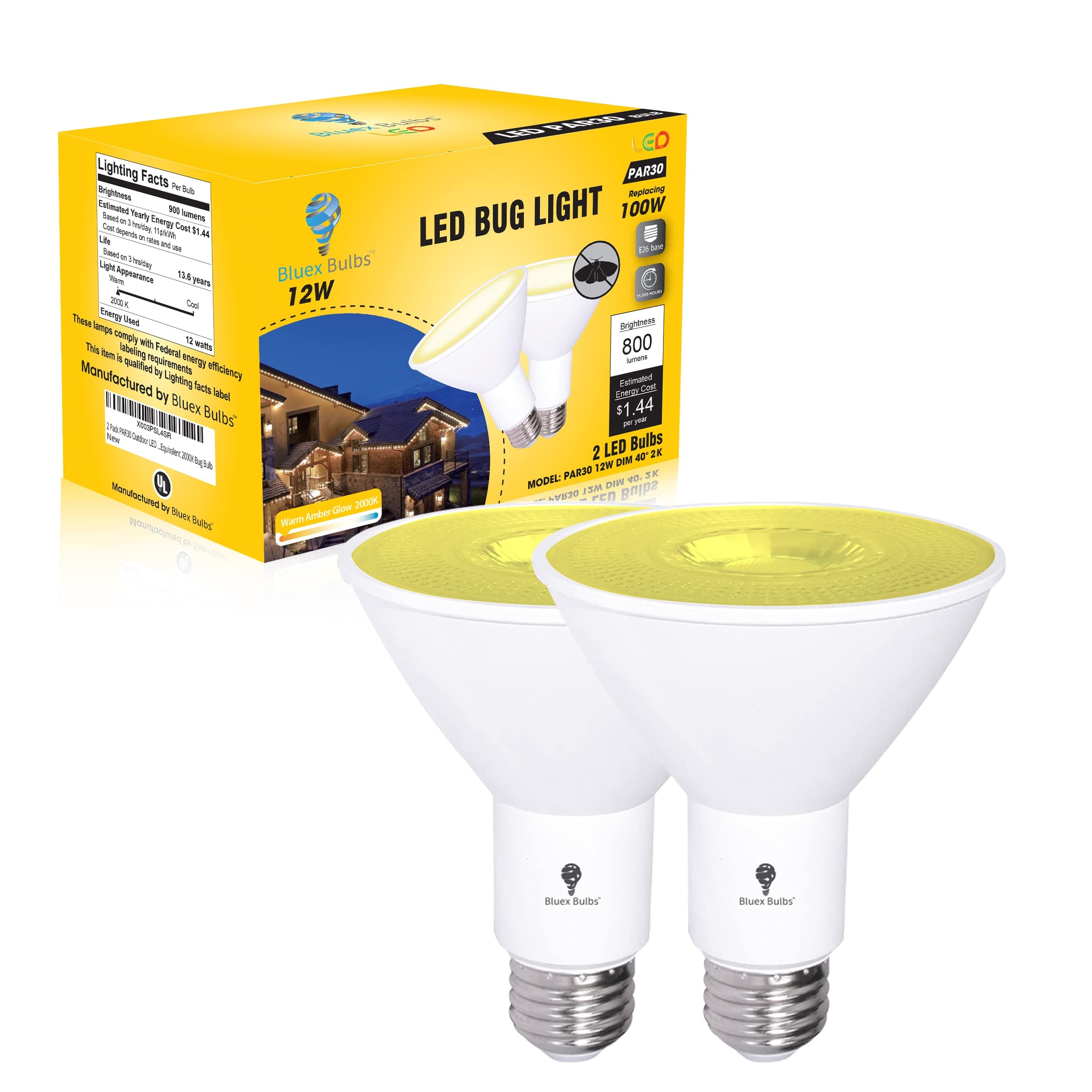 2 Pack PAR30 Amber Yellow LED Bug Light Bulb Outdoor LED Flood Light Bulb 12W 100 Watt Equivalent Dimmable Waterproof E26 Bug LED Yellow Light Bulbs Warm Bug-Free Lighting for Home Insect Repellent
