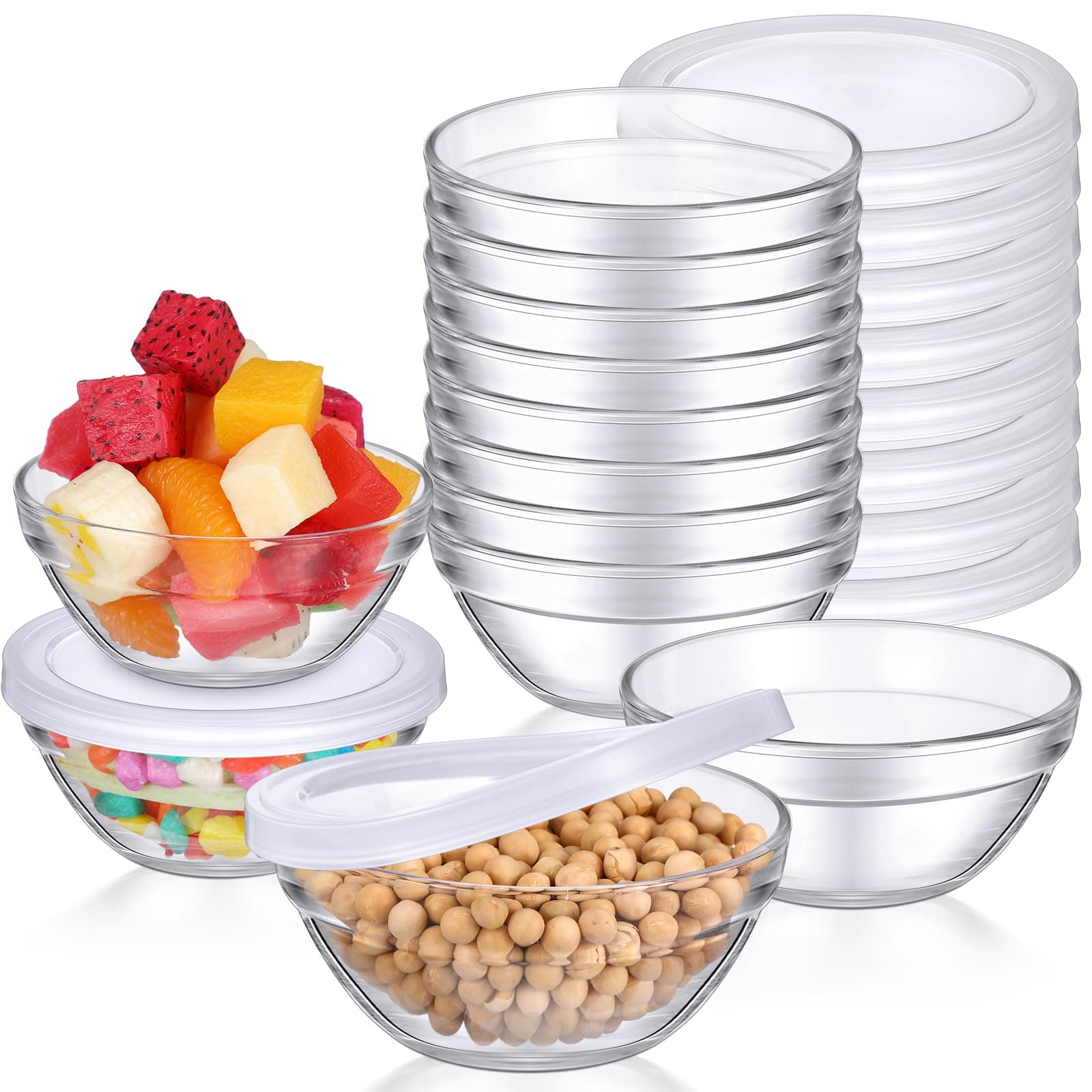 Tioncy 12 Pack Small Glass Bowls with lids 4 Inch Mini Dipping Bowls Pinch Sauce Containers for Party Serving Spices Ketchup Snacks BBQ Dessert