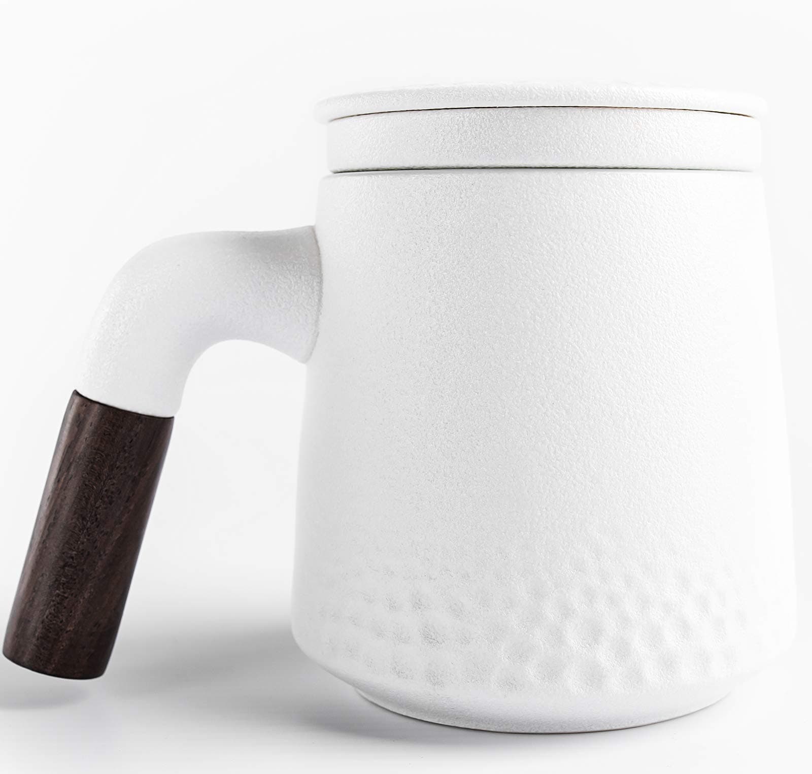 Tea cup with Sandalwood handle, 13 oz, Ceramic Tea Mug with Porcelain Infuser and Lid for Hot Tea or Coffee, Gift Set, 1-Pack (White)
