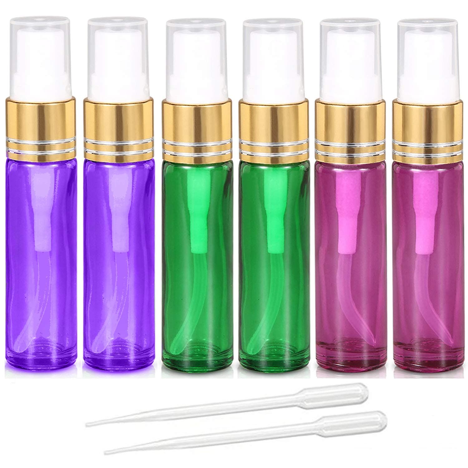 6Pcs 10ml Empty Glass Spray Bottles with Golden Fine Mist Sprayers, Travel Atomiser Refillable Portable Container Includes 2 Droppers for Essential Oils, Perfume or Night Out Fragrance