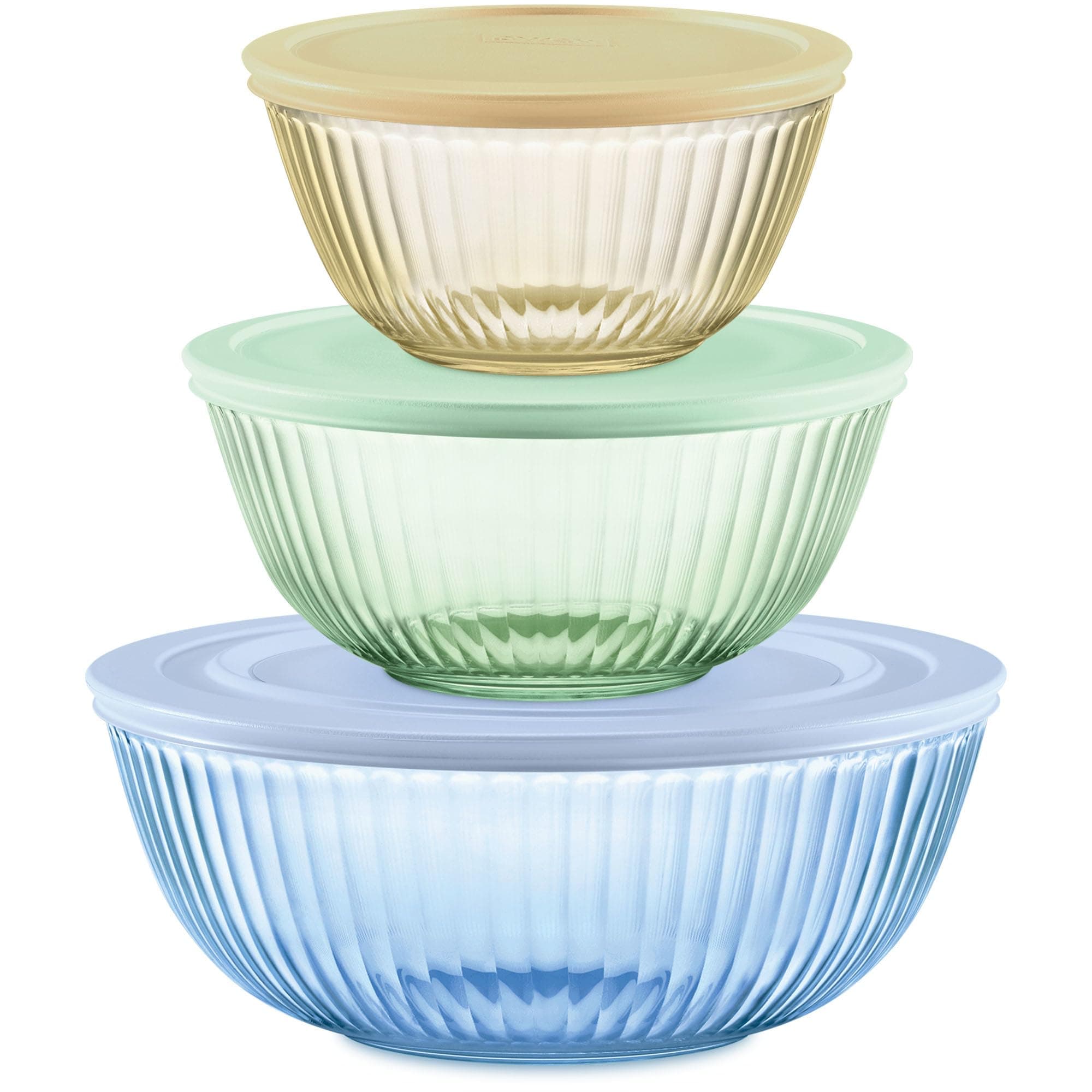 Pyrex Year of Color Sculpted (3-Pack| 1.3 QT, 2.3 QT, 4.5 QT) Tinted Glass Mixing Bowls Set with Lids for Prepping, Baking and Cooking, Preheated Oven, Dishwasher, Freezer, and Microwave Safe
