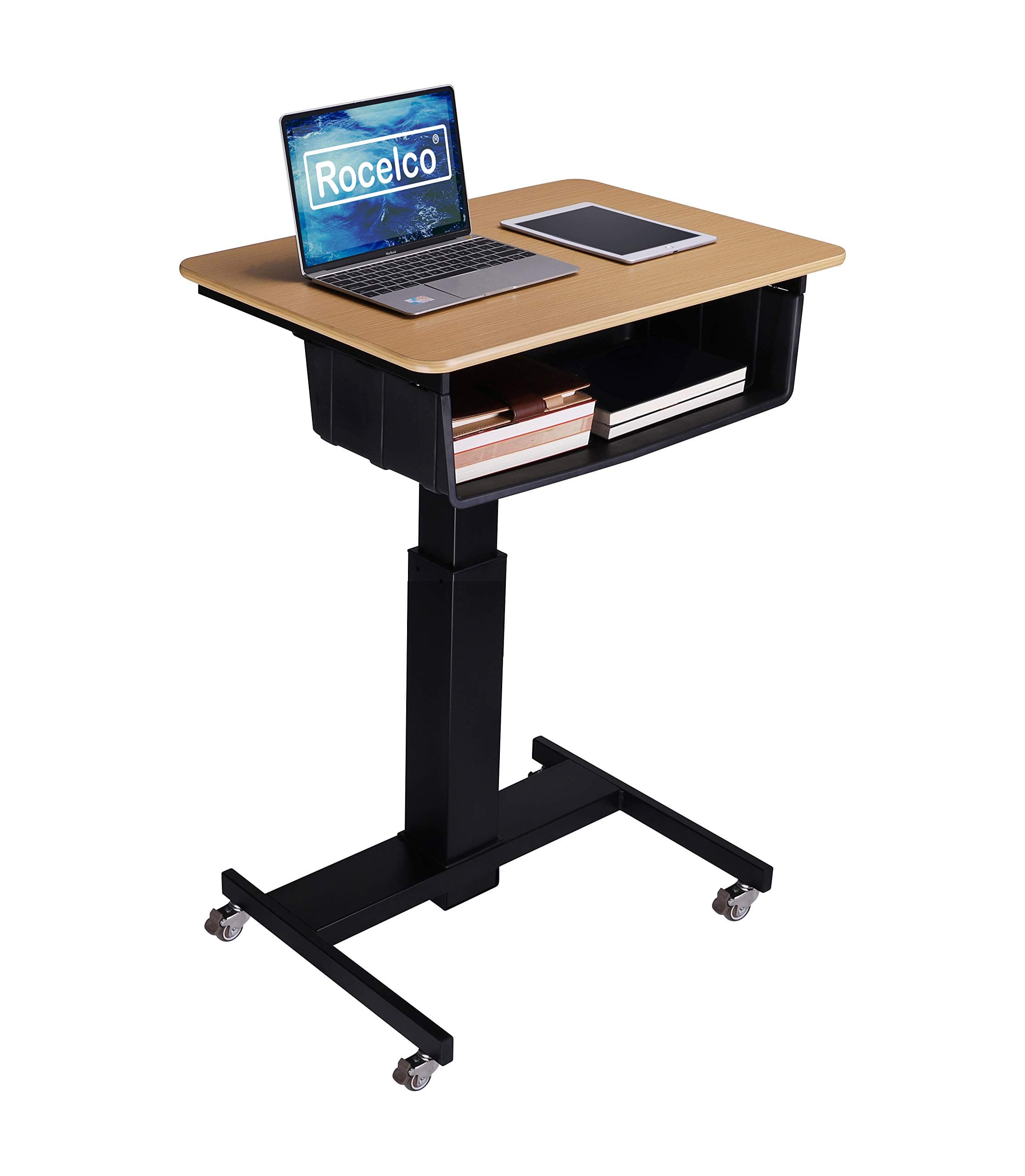 Rocelco 28" Height Adjustable Mobile School Standing Desk with Book Box Bundle- Quick Sit Stand Up Home Computer Workstation - Gas Spring Assist Office Laptop Riser Cart - Wood Grain (R MSD-28-BB)