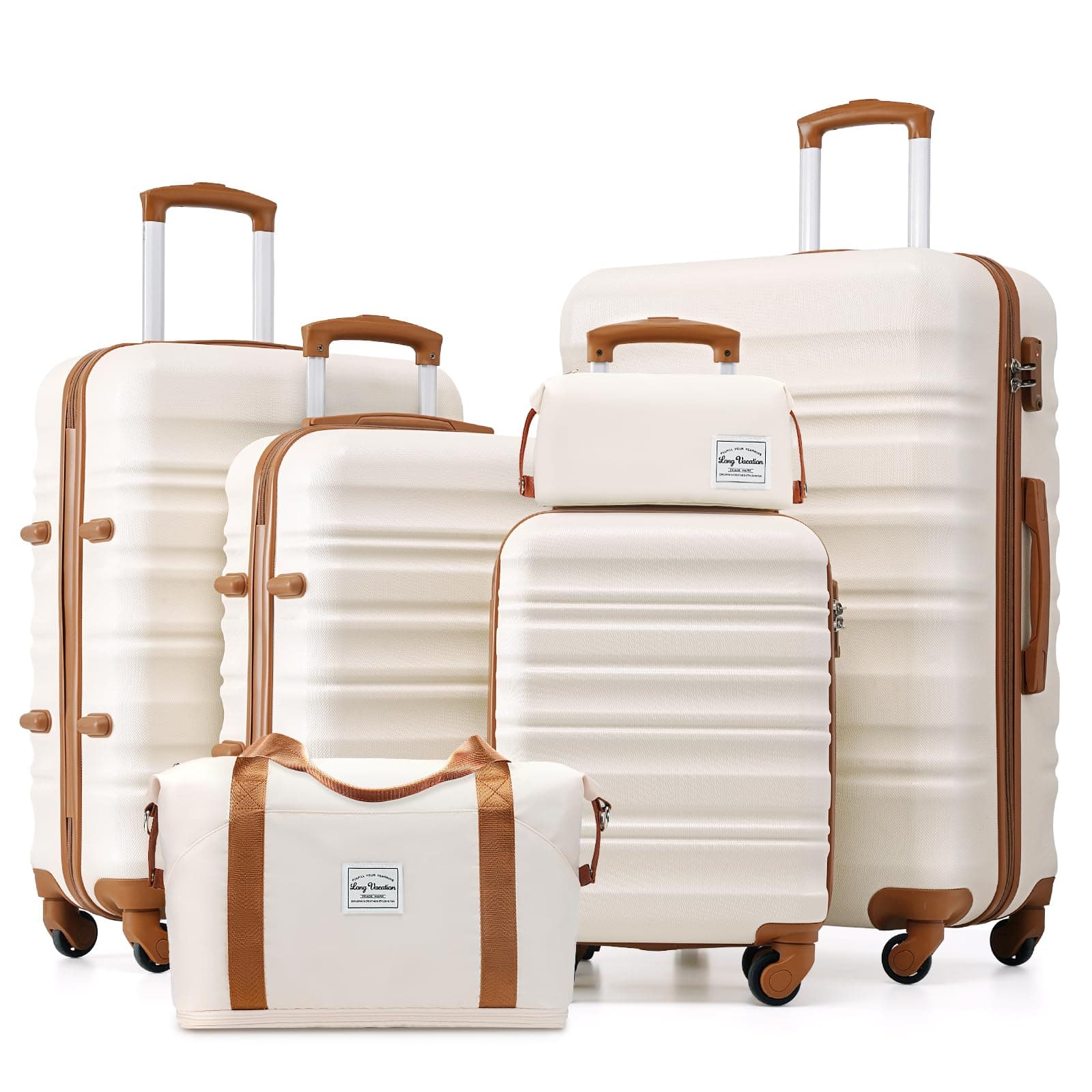 LONG VACATION Luggage Set 4 Piece Luggage Set ABS Hardshell TSA Lock Spinner Wheels Luggage Carry on Suitcase (White-Brown, 6 Piece Set)