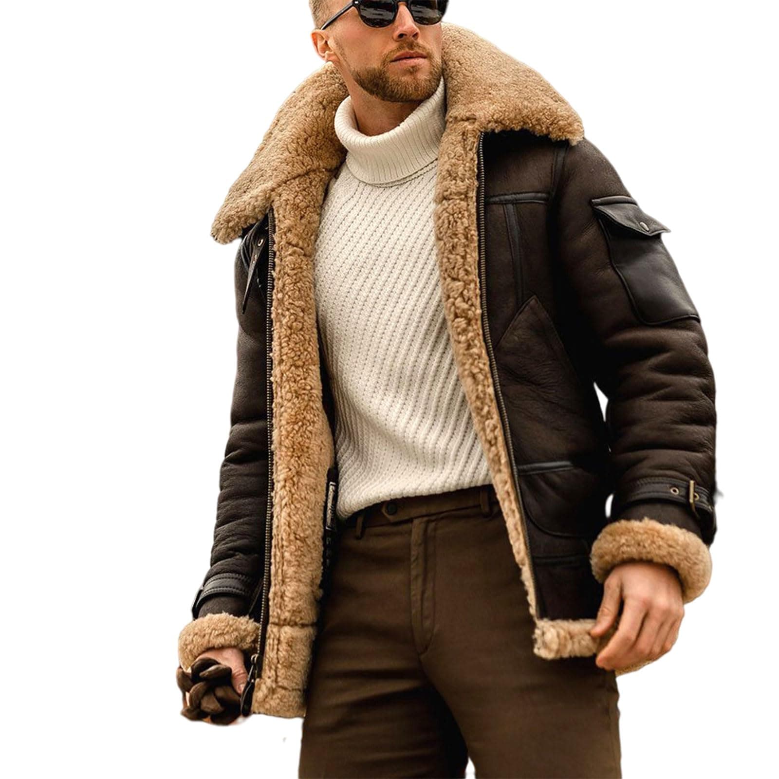 EsukAr Mens Aviator Shearling Sheepskin Leather Bomber Flying Jacket
