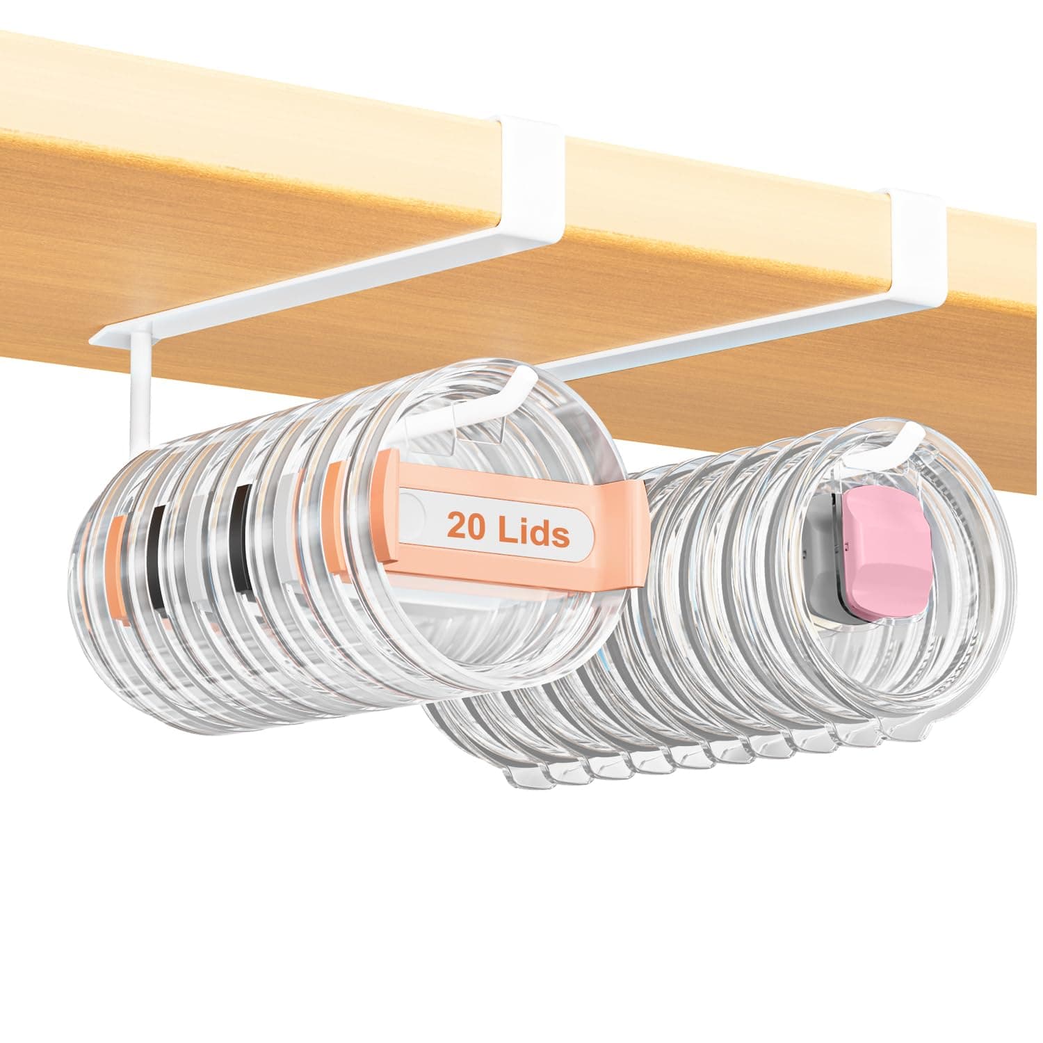 2 Pack Large Tumbler Lid Organizer, Under Cabinet Cup Lid Holder for Yeti Insulated Mug/Stanley Insulated Mug/Simple Modern Insulated Mug Lid, No Gluing, No Drilling, Up to 10 Lids (White)