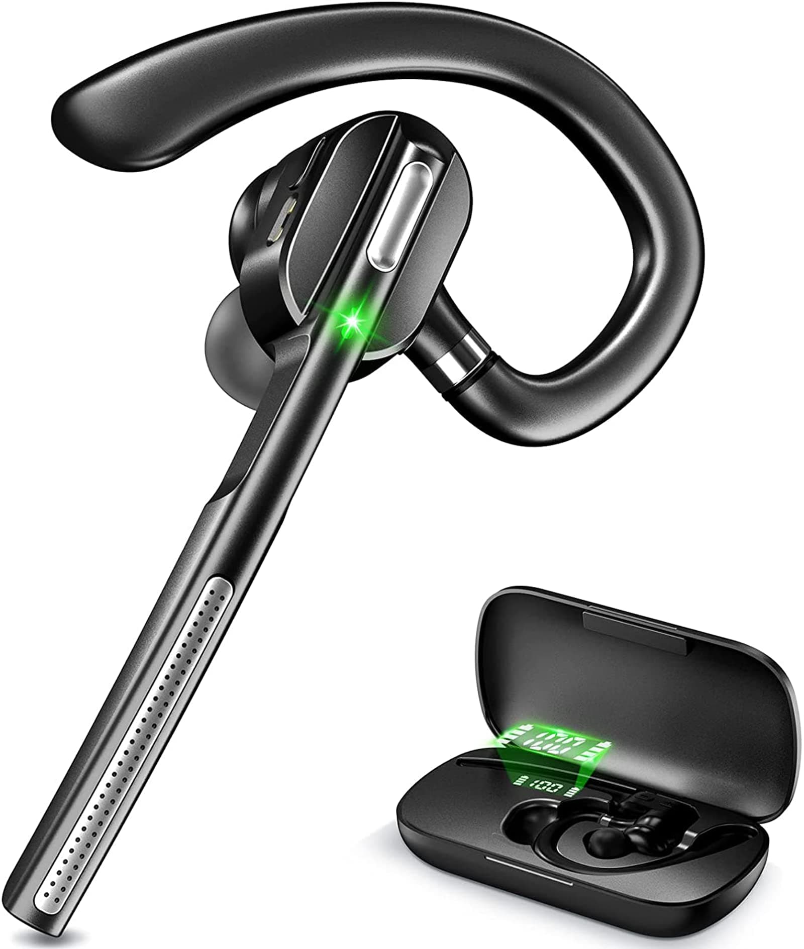 Bluetooth Headset V5.1, Wireless Headset with Battery Display Charging Case, Bluetooth Earpiece with Noise Canceling Mic for Driving, Office and Business,Compatible with Cell Phone and PC