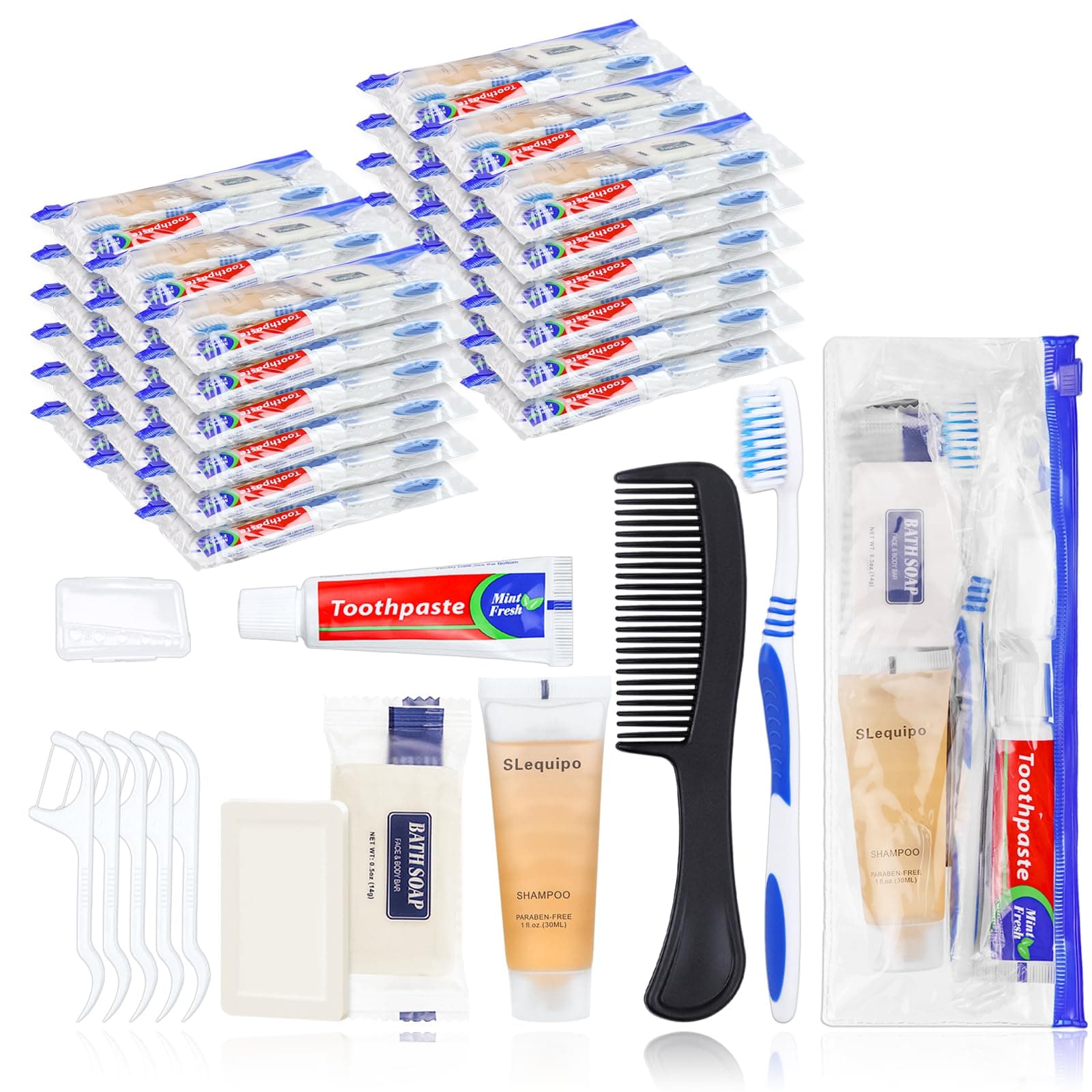 Pack of 10 Hygiene Kit, Hygiene Kit Bulk, Individually Packed, Travel Hygiene Kit with Toothbrush, Toothpaste, Comb, Shampoo, Soap and Floss Picks, Home, Suitable for Hotel, Camping, Travel