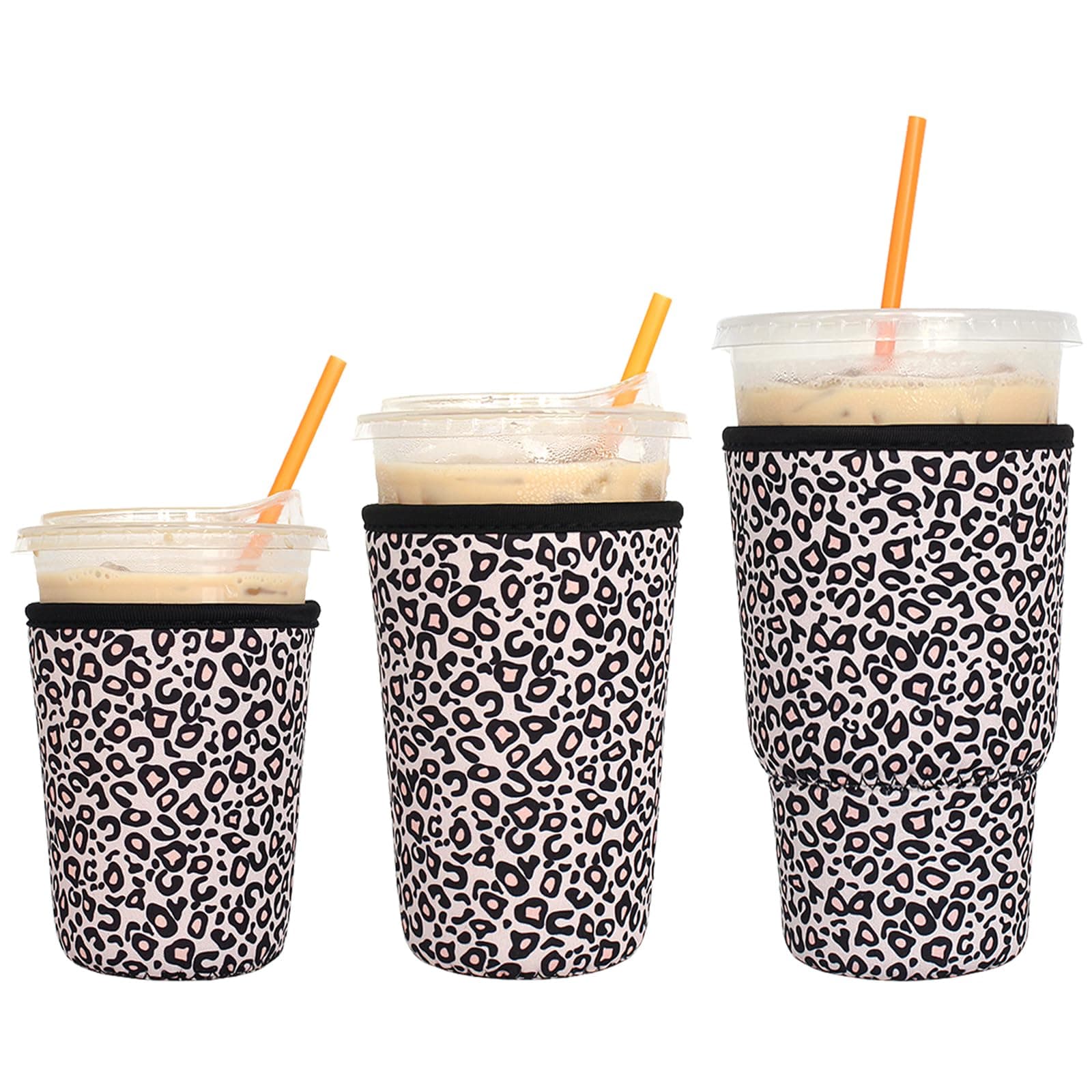 LOVAC 3 Pack Reusable Iced Coffee Sleeves - Insulator Sleeve for Cold Beverages, Neoprene Cup Holder - Starbucks Coffee sleeve, McDonalds Coffee sleeve, Dunkin Coffee sleeve,More (Leopard print)