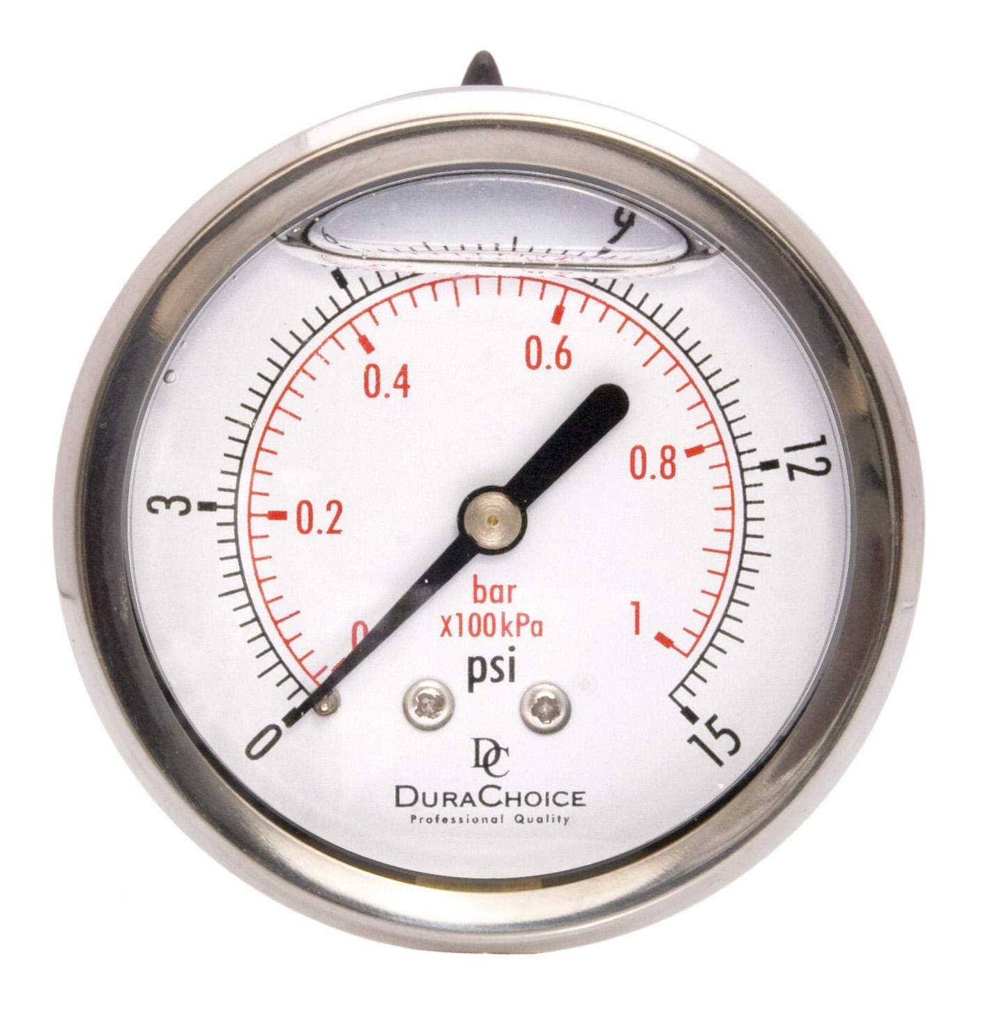 2-1/2" Liquid Filled Pressure Gauges - Stainless Steel Case, Brass, 1/4" NPT, Center Back Mount Connection, 0-15PSI