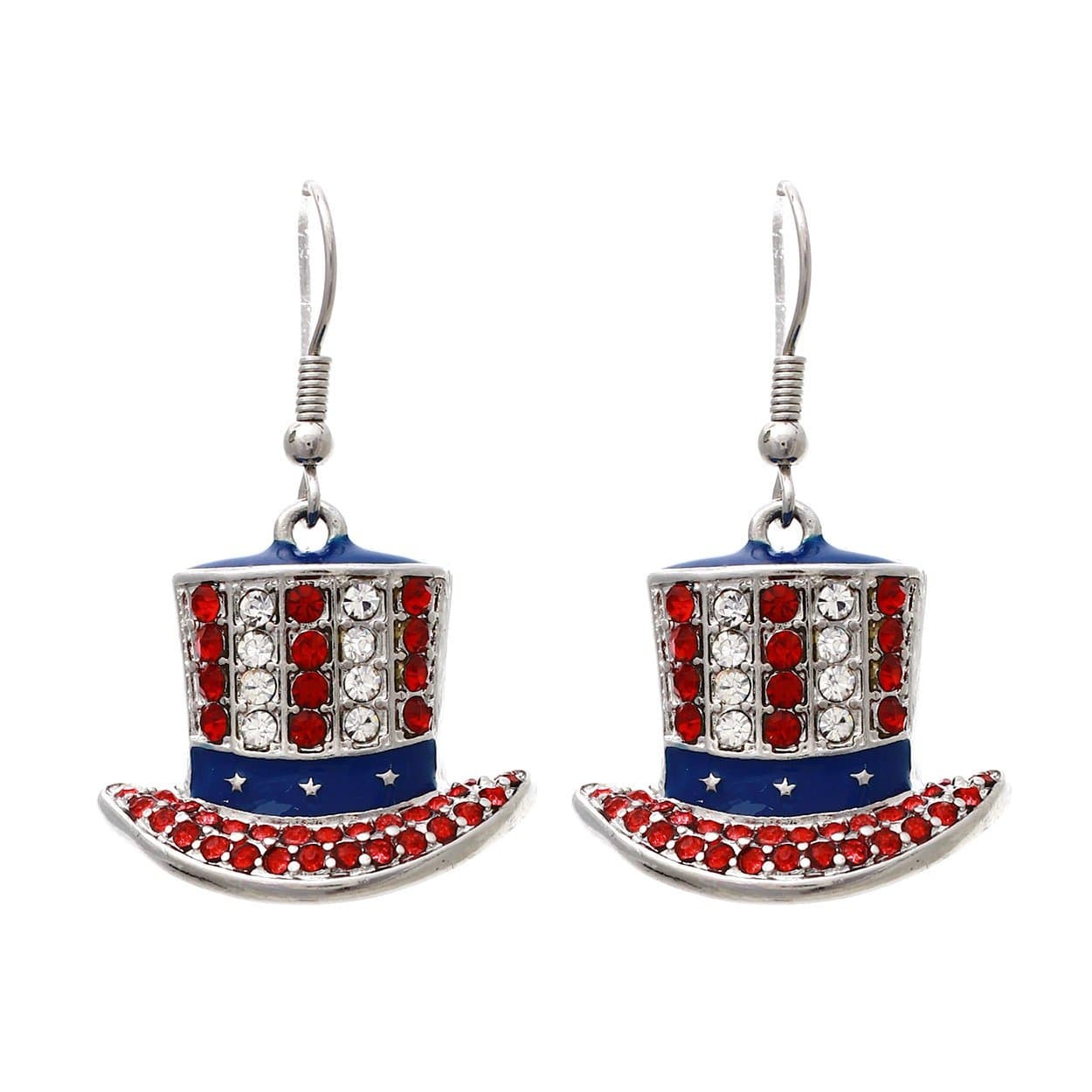 Patriotic Rhinestone Crystal Top Hat Fish Hook Dangle Earrings