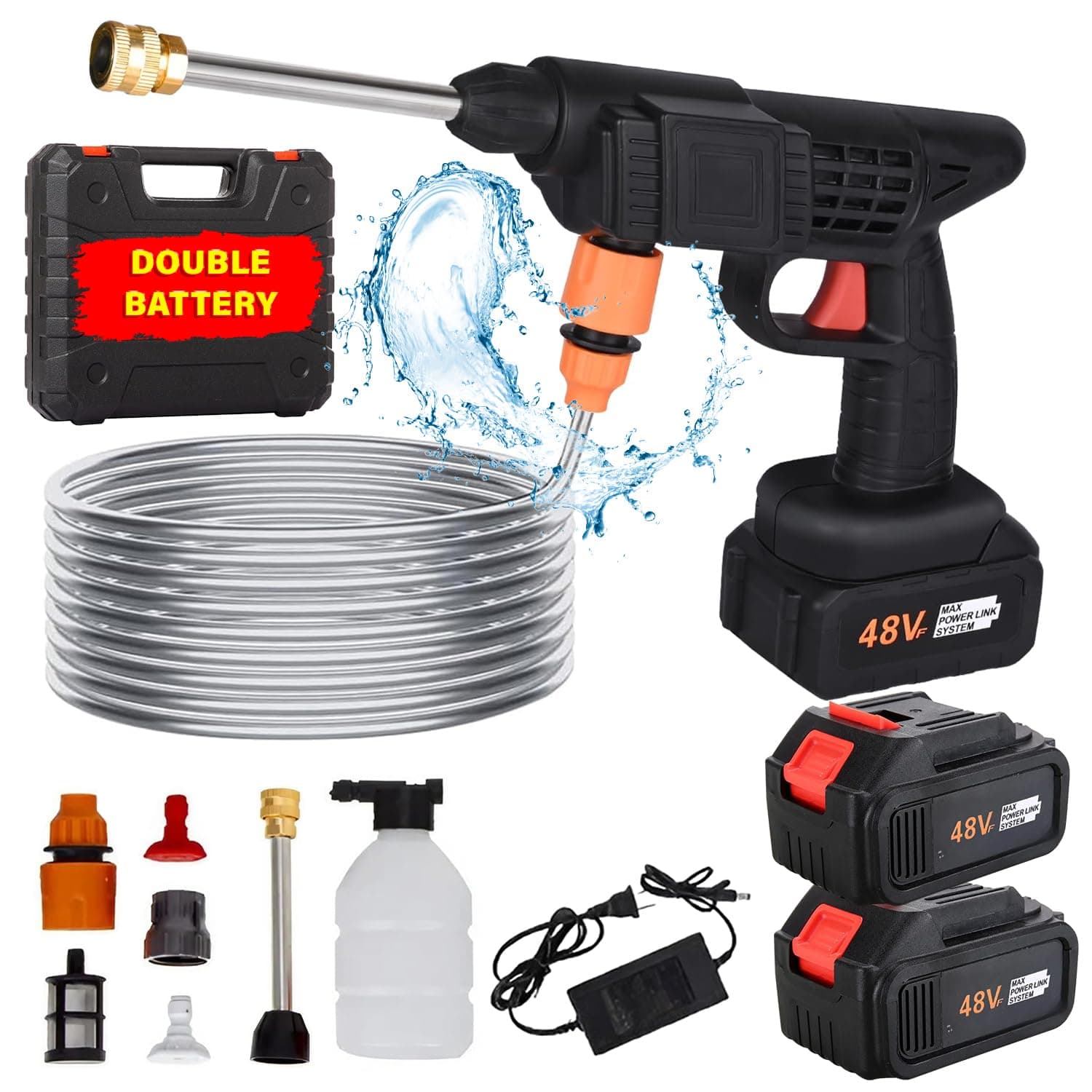48V Cordless High Pressure Washer with Adjustable 3 in 1 Nozzle, 5M Hose Pipe, Dual 12000 mAh Battery and Foam Cannon Portable Water Sprayer Gun Machine for Car Washing & Bike Cleaning (Random)
