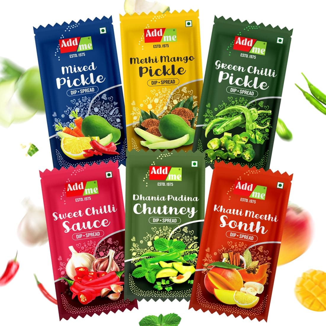 Add Me Cucumber Bag Mango, Green Chili, Mixed Cucumbers, Dhaniya Pudina Chutney, Khatti Meethi Chatni, Sweet Chilli Garlic Sauce 12g Each | Combo Pack of 48 Bags (20 oz)