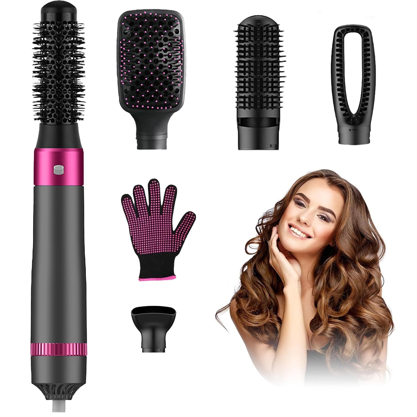 5 in 1 Ionic Hot Brush Hair Styling Dryer with Interchangeable Head Volumizer for Drying, Straightening, Curling
