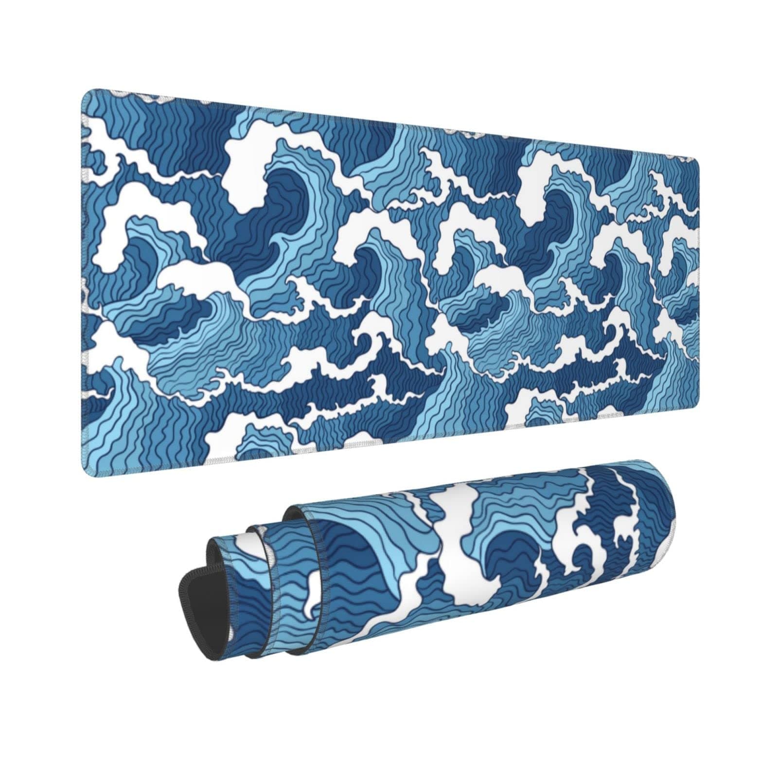 Siski Japanese Blue and White Wave Extended Mouse Pad 31.5x11.8 Inch Wave Desk Mousepad Extended Large Non-Slip Rubber Base Waterproof Big Keyboard Mat with Stitched Edges for Gaming and Office