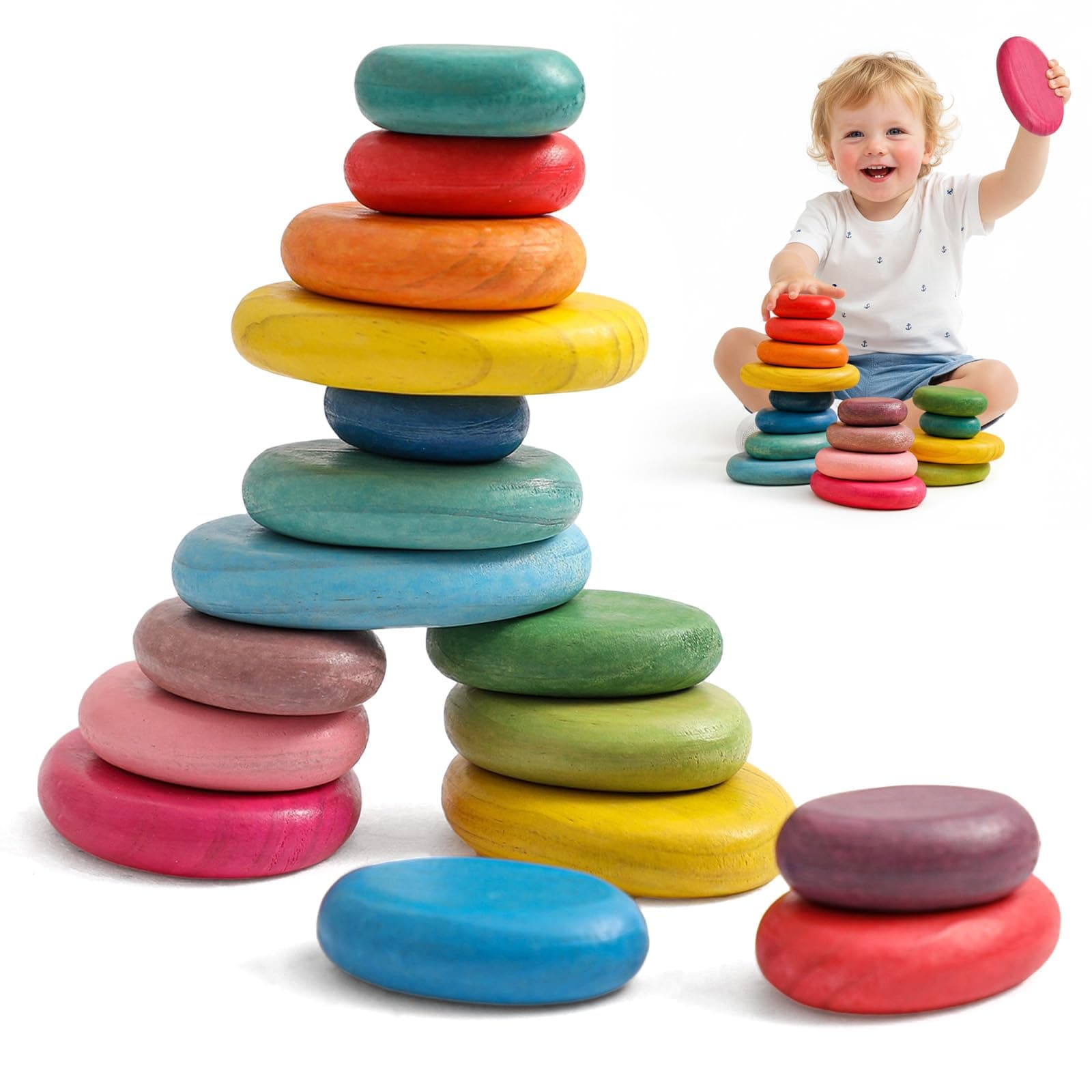 16PCs Stacking Rocks Wooden Stacking Blocks Balancing Stacking Stones Wooden Stone Building Game for Toddler Rainbow Pebbles Sorting Preschool Educational Montessori Stacking Toys for Kids Baby