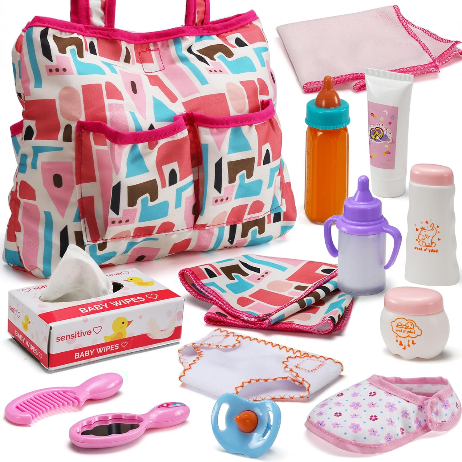 14 Pack Baby Doll Accessories, Feeding And Care Set, Includes Diaper Bag, Diapers, Magic Bottle, Changing Pad For Girls Boys, Set Of