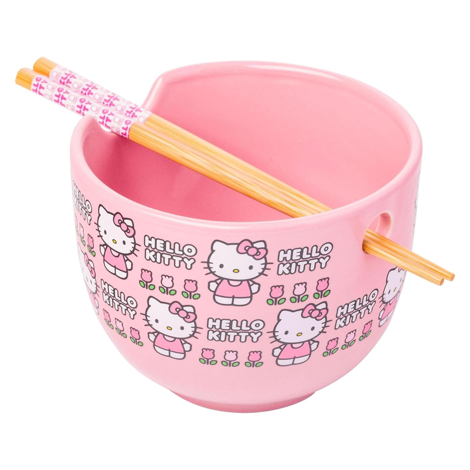 Silver Buffalo Sanrio Hello Kitty Flowers Pattern Ceramic Ramen Noodle Rice Bowl with Chopsticks, Microwave Safe, 20 Ounces