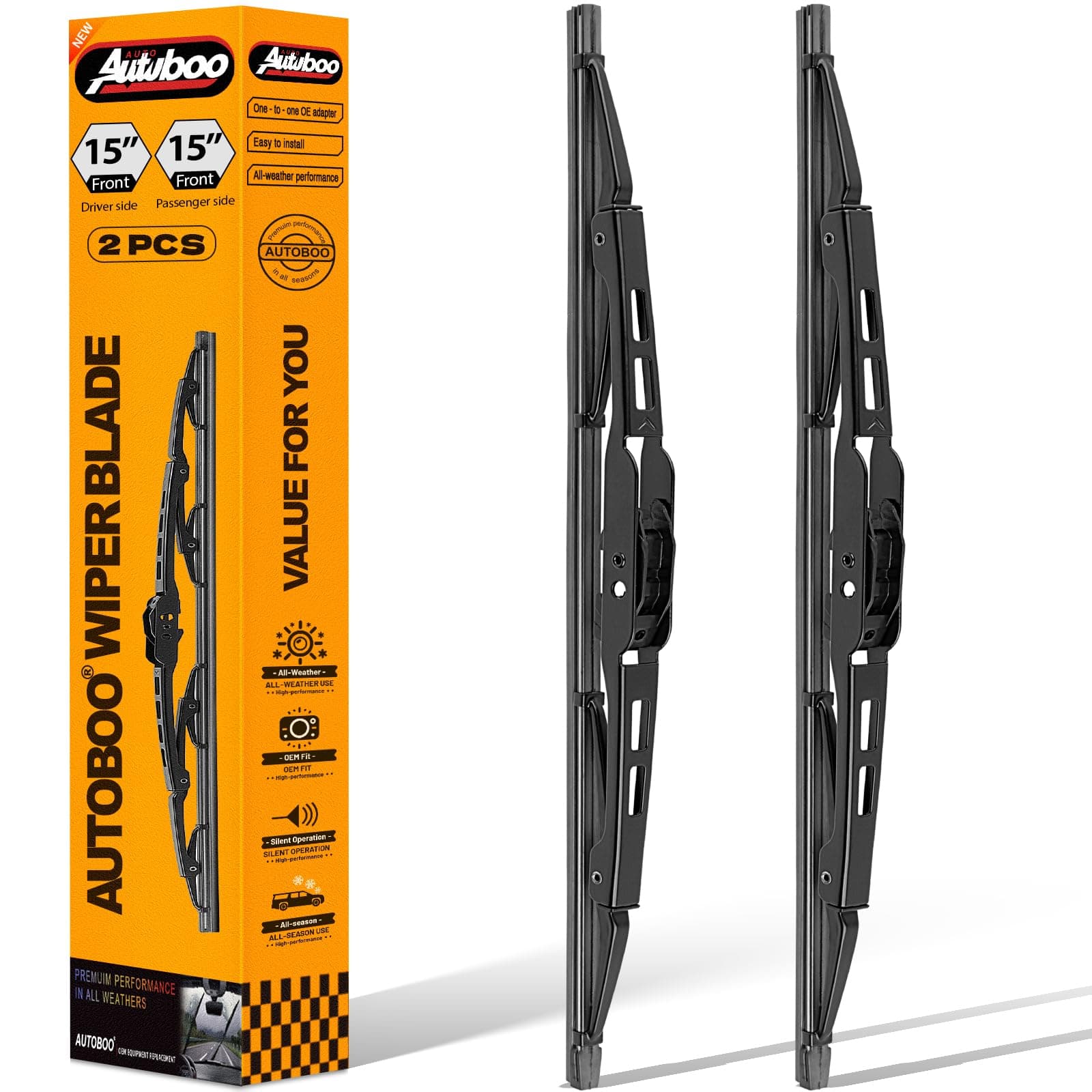 AUTOBOO Replacement for Jeep Wrangler Front Windshield Wiper Blades 2007-2017- Wiper Blade 15 +15 inch (Set of 2)