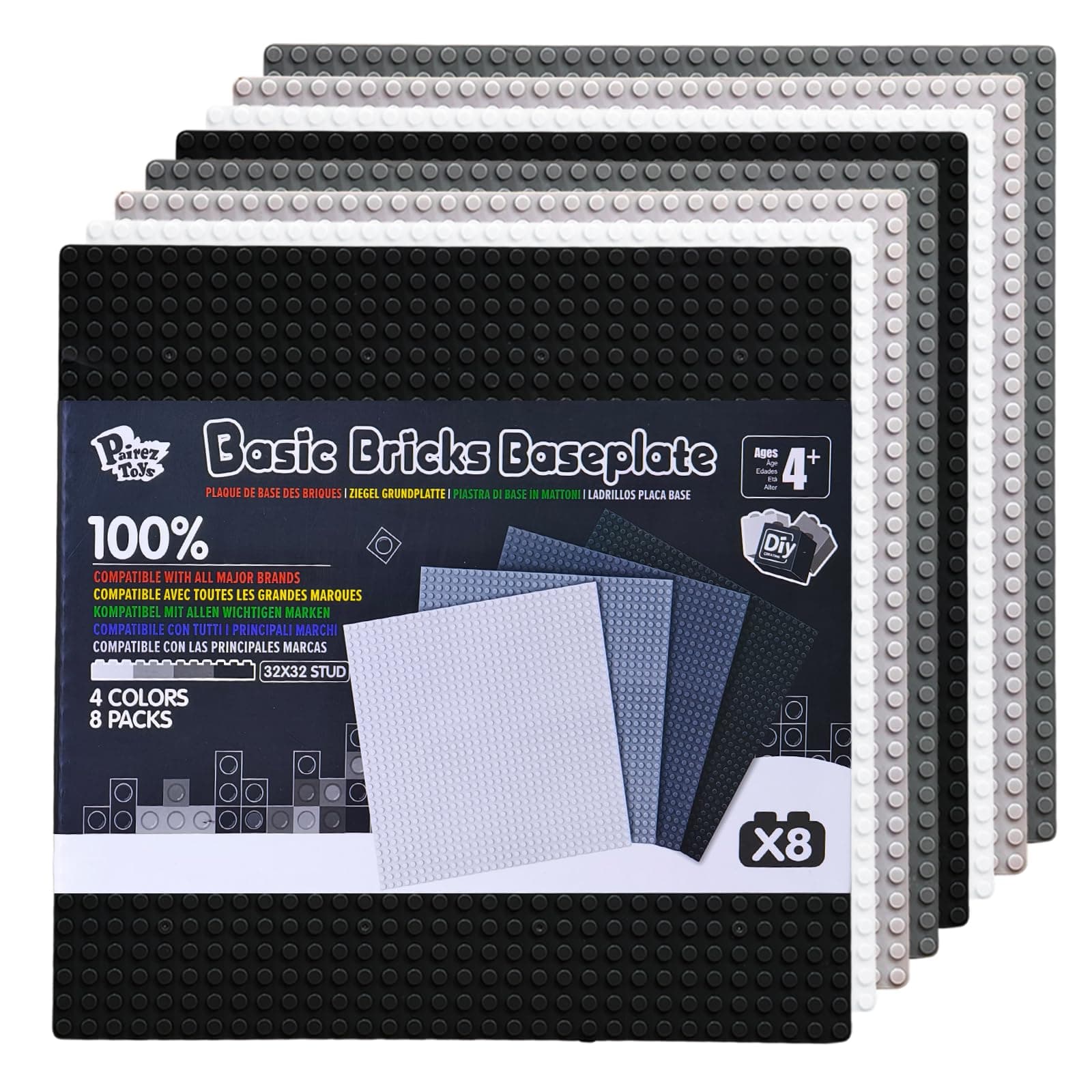 Pairez Toys 8-Pack Classic Baseplates for Building Bricks (10" x 10") – Compatible with All Major Brands, Construction Toys for Kids Ages 4-8+, Black, White, Dark Gray, Light Gray