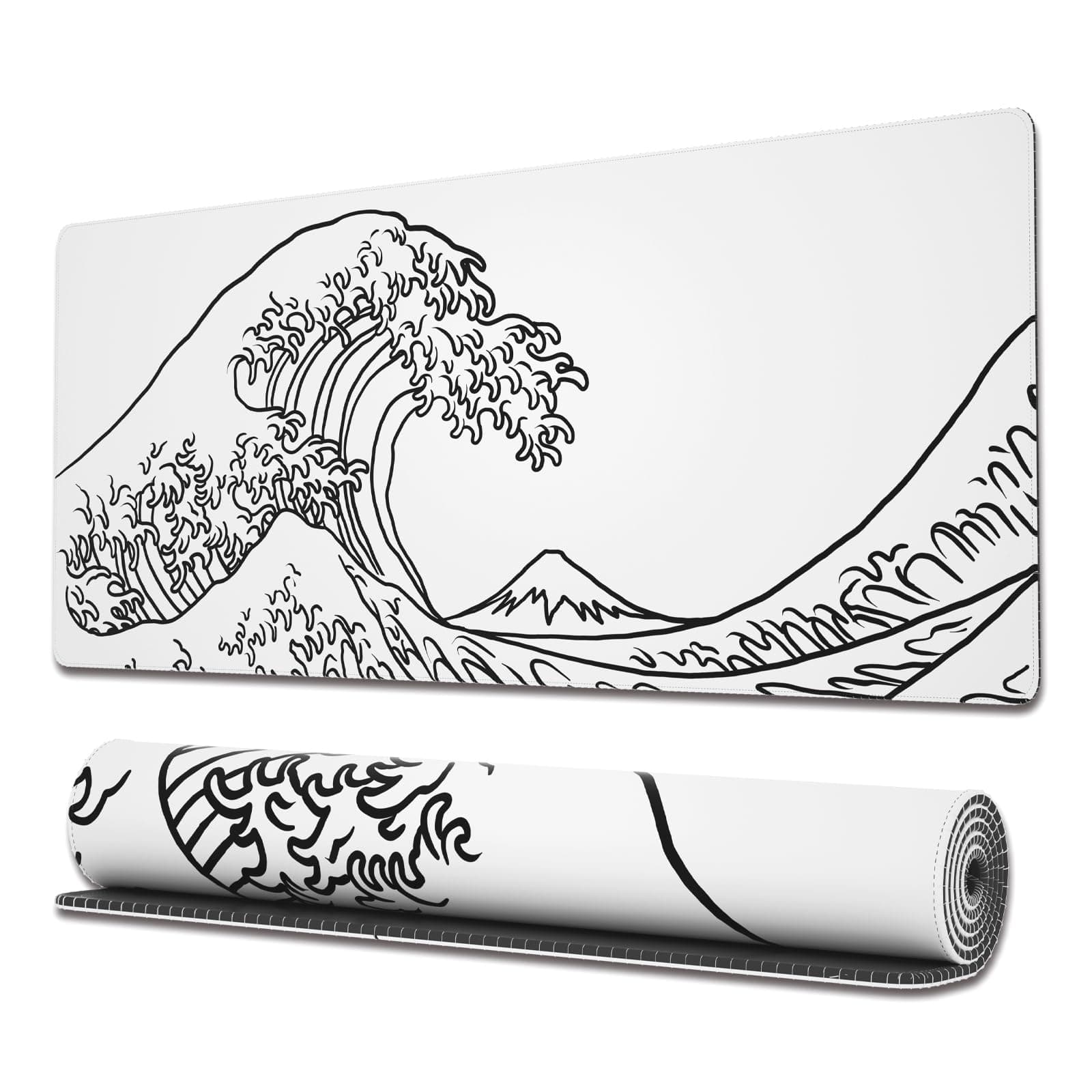 Ovenbird Gaming Mouse Pad with Stitched Edges, Japanese Wave White Mouse Pad, Extended XL Mousepad with Anti-Slip Base, Cool Large Mouse Pad for Desk, 31.5 x 11.8 in, White, OB-MP-E-17-A