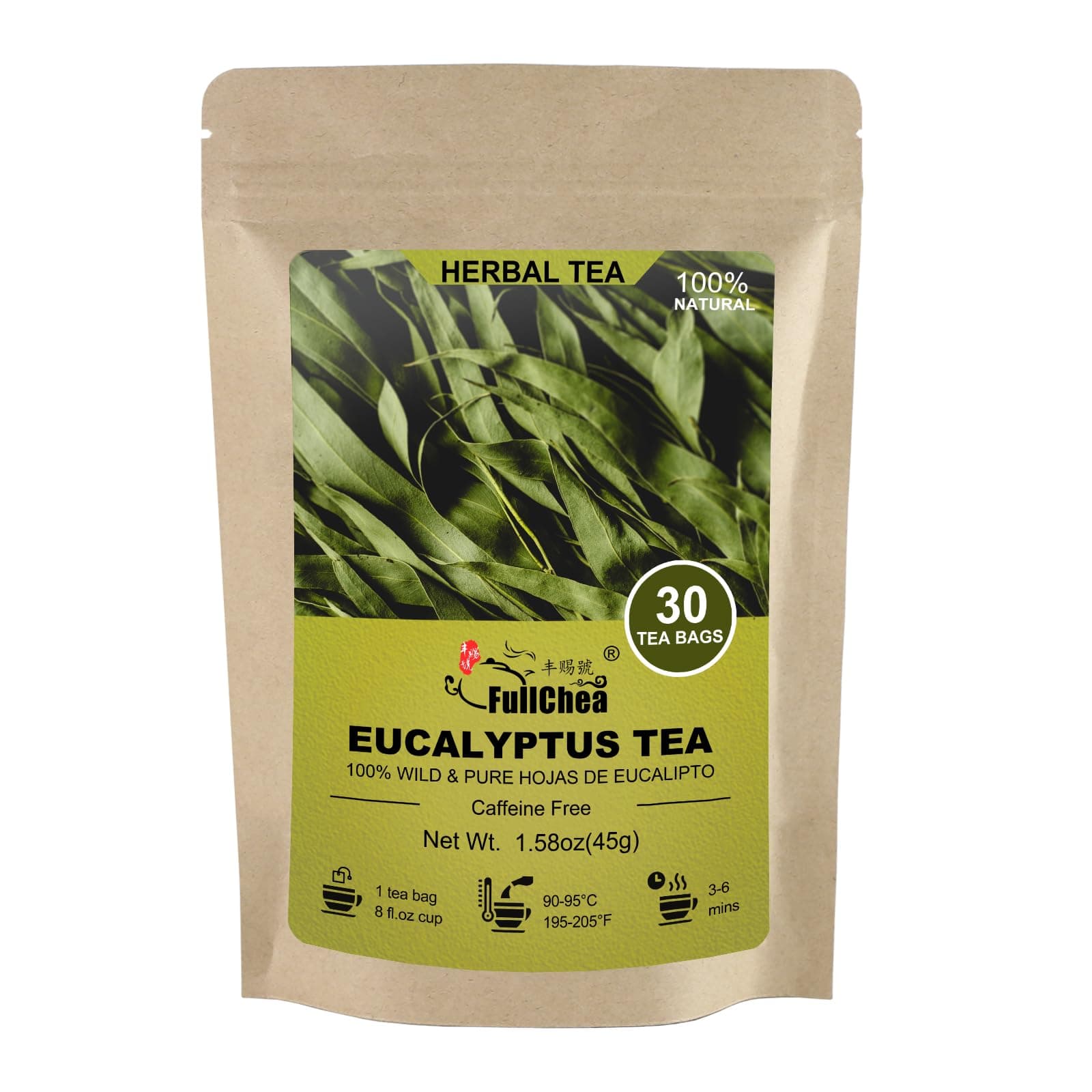 FullChea - Natural Eucalyptus Tea Bag 30 Teabags, 1.5g/bag - Premium Hojas de Eucalipto - Non-GMO - Caffeine-free - Boost Respiratory Health