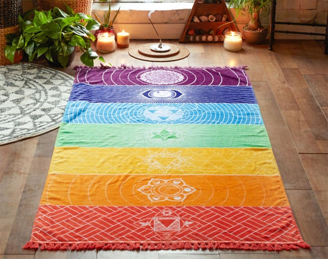 MAYWHEN Colorful Ultra-light Square Beach Towel Thin Polyester with Fringe Tassels Rainbow Totem Pattern Stylish Breathable Rug for Beach Terry Playroom Decor Multi 59 Inch