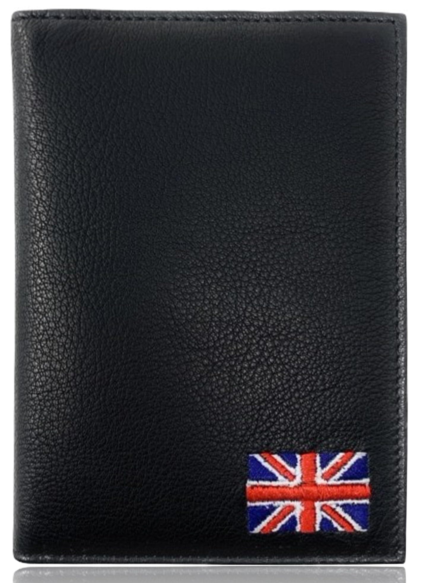 MOIRENTOUK Leather Passport Cover - Embroidered Union Jack RFID Blocking Holders Genuine Black Wallet Passport Travel Wallet Men Women (UJBLKL), 20121